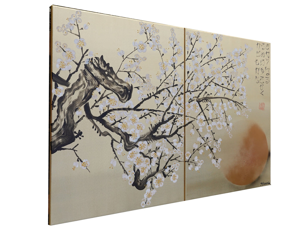 White Cherry blossoms J340 is a Japanese diptych. Original Acrylic Painting on stretched gold canvas by artist Ksavera