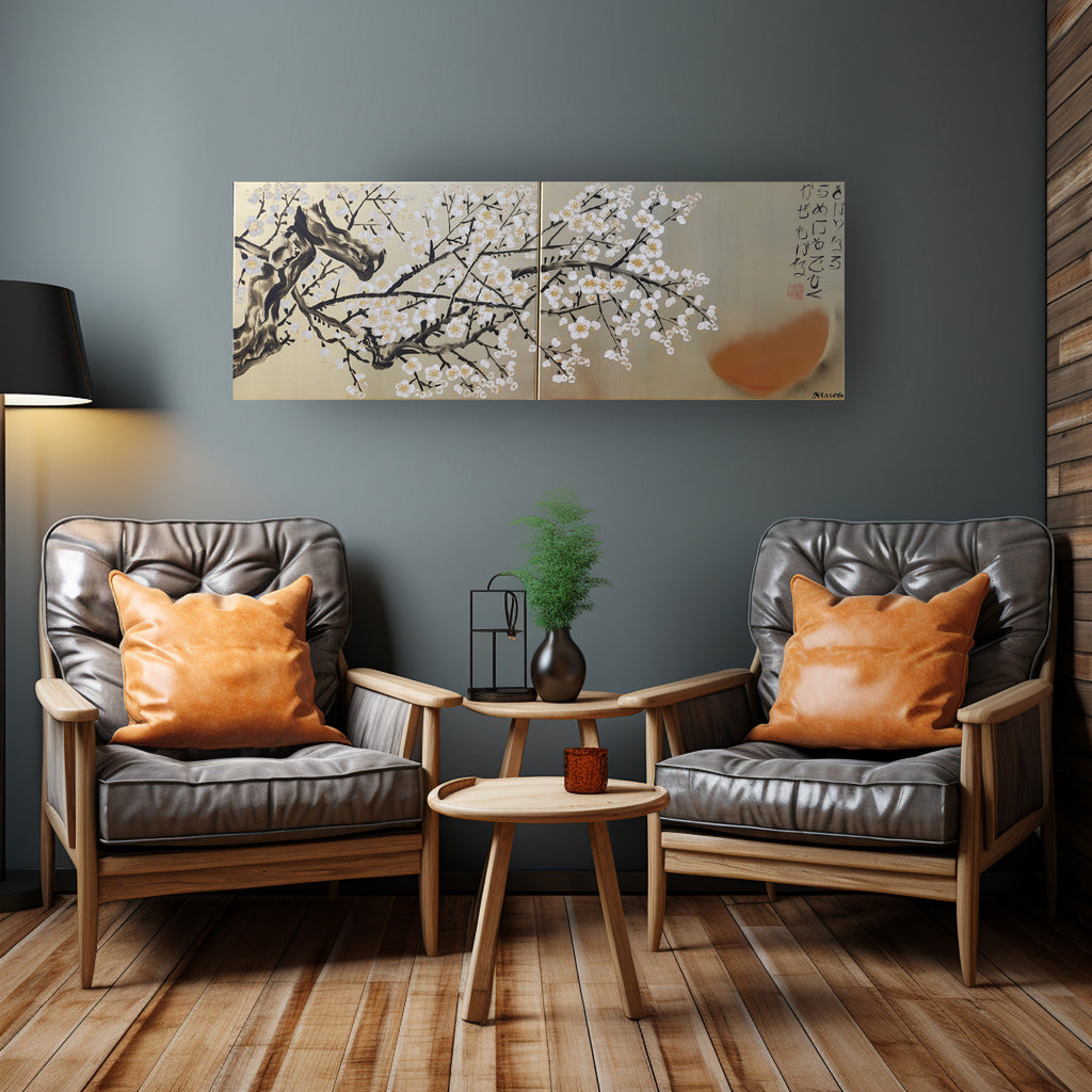 White Cherry blossoms J339 is a Japanese-inspired diptych.
Original Acrylic Painting on stretched gold canvas by artist Ksavera