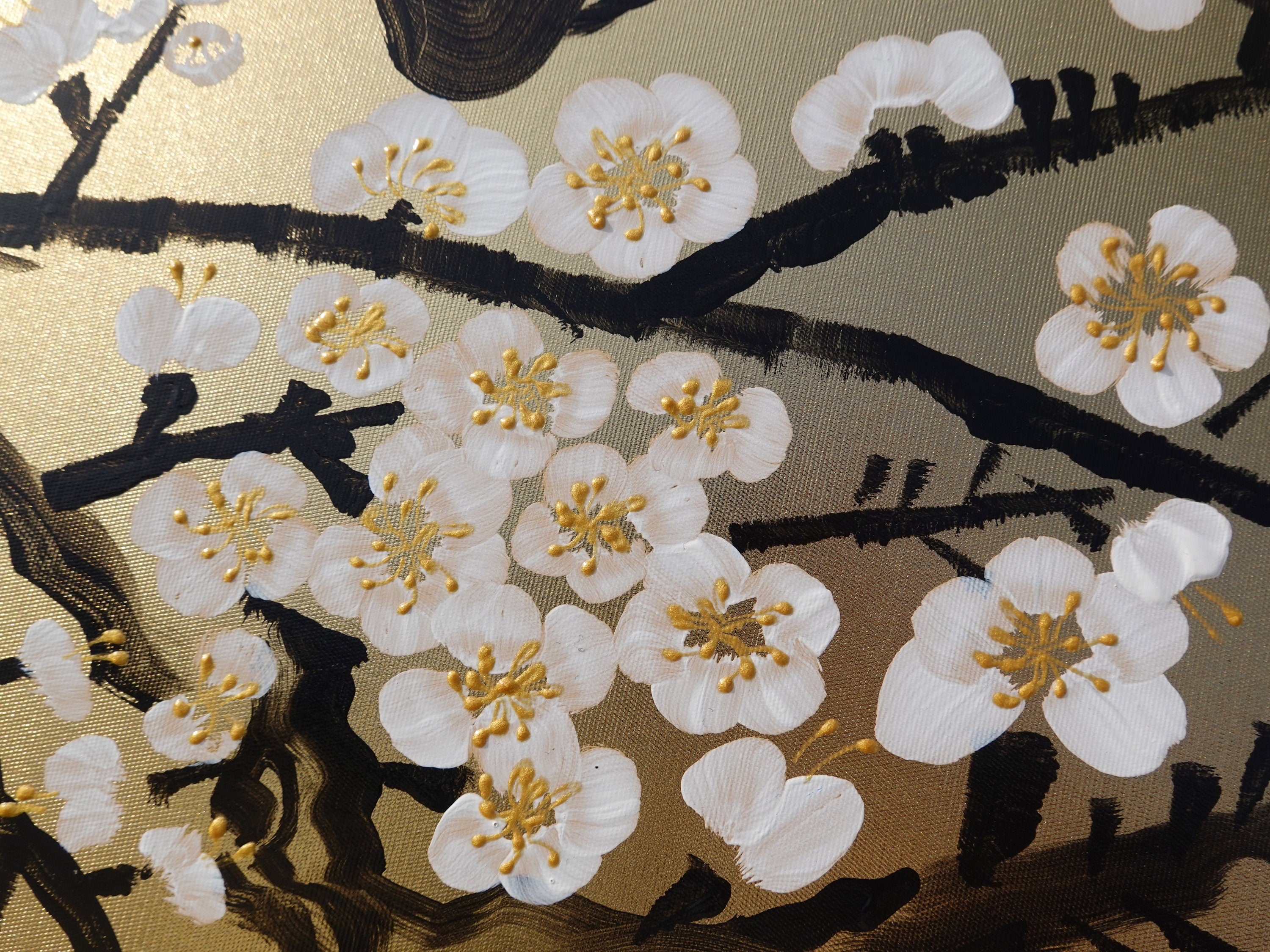 White Cherry blossoms J339 is a Japanese-inspired diptych.
Original Acrylic Painting on stretched gold canvas by artist Ksavera
