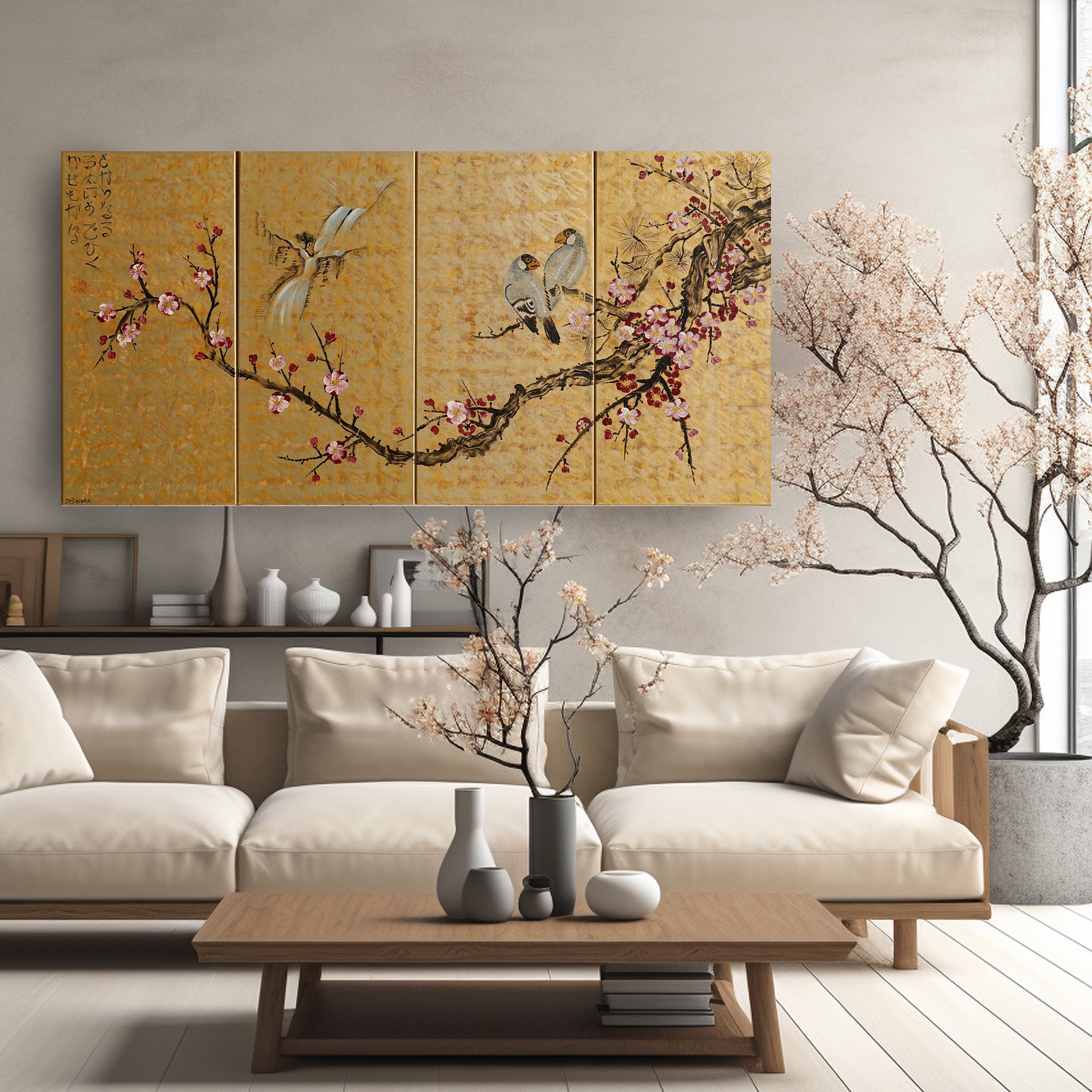 Sakura and love birds J348 Japanese gold painting - set of 4 canvases - Large gold paintings by Ksavera