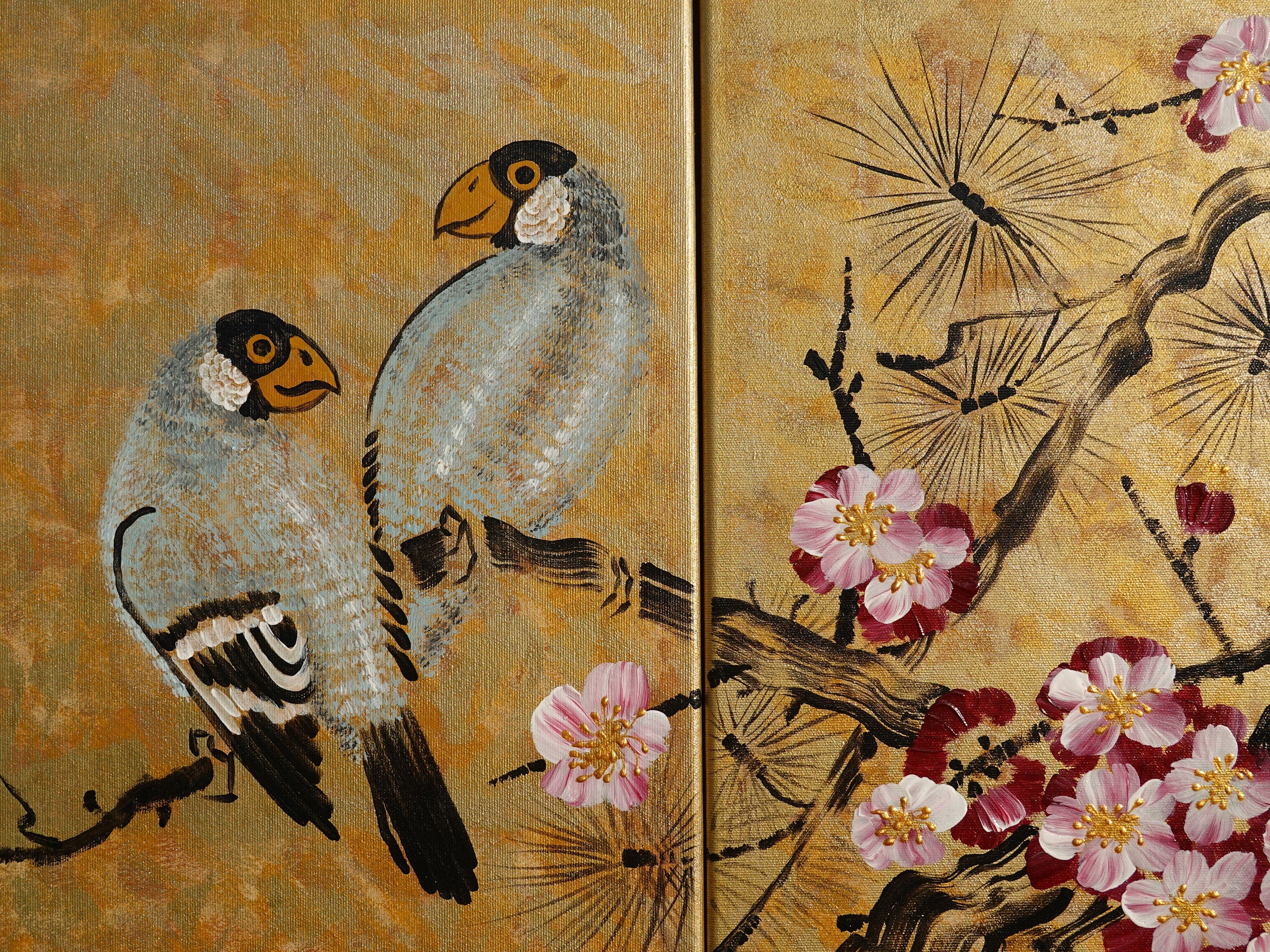 Sakura and love birds J348 Japanese gold painting - set of 4 canvases - Large gold paintings by Ksavera