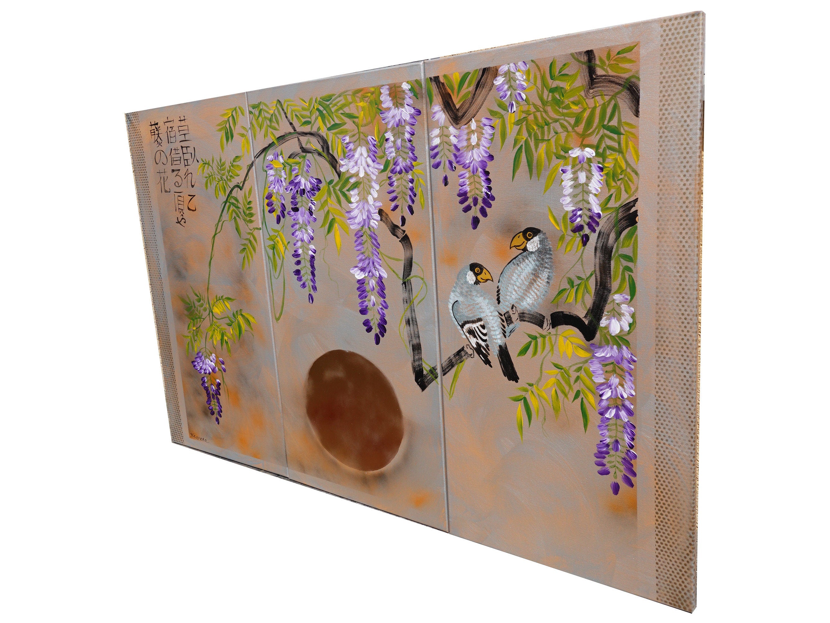 Wisteria and love birds J303 Large japanese triptych - original paintings by Ksavera