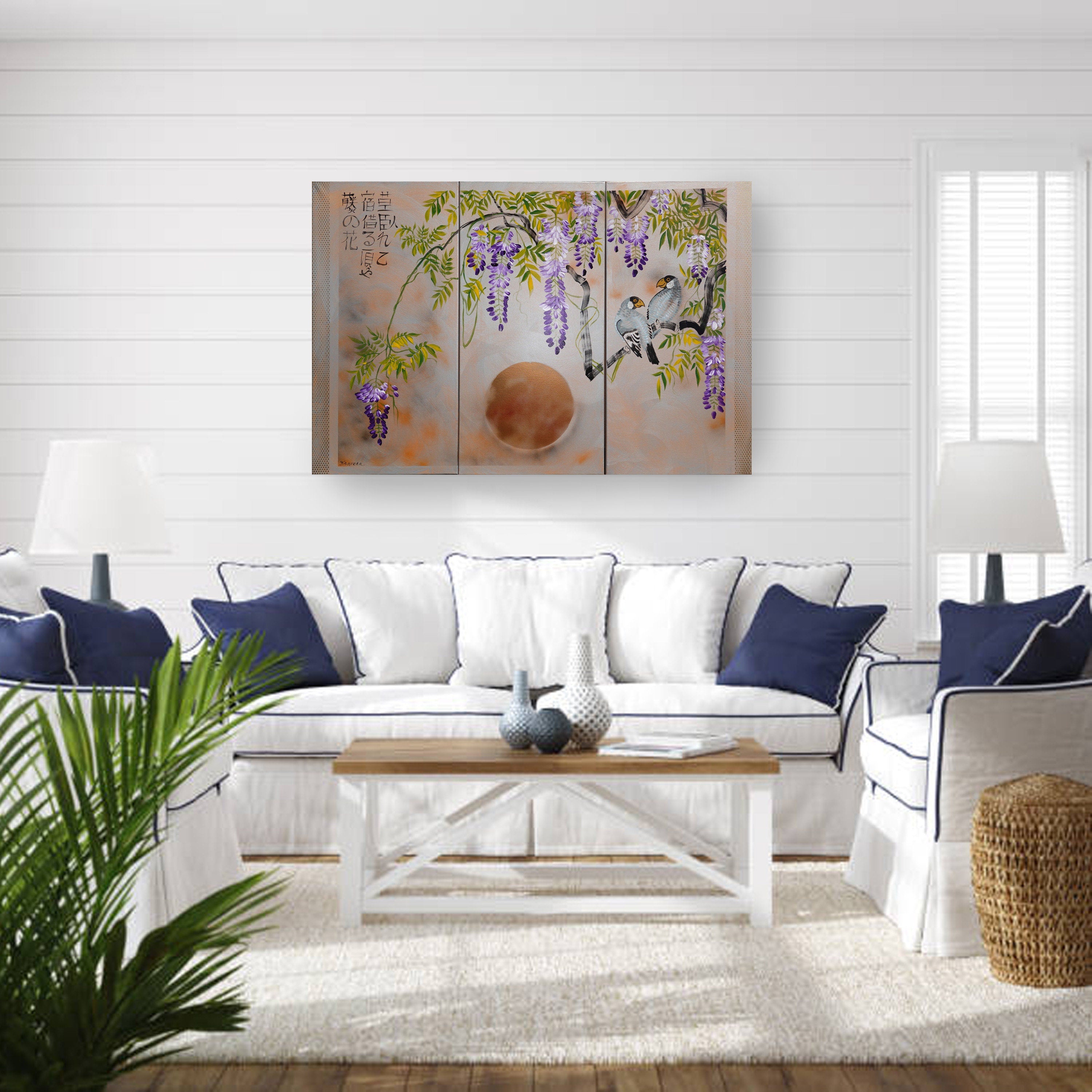 Wisteria and love birds J303 Large japanese triptych - original paintings by Ksavera