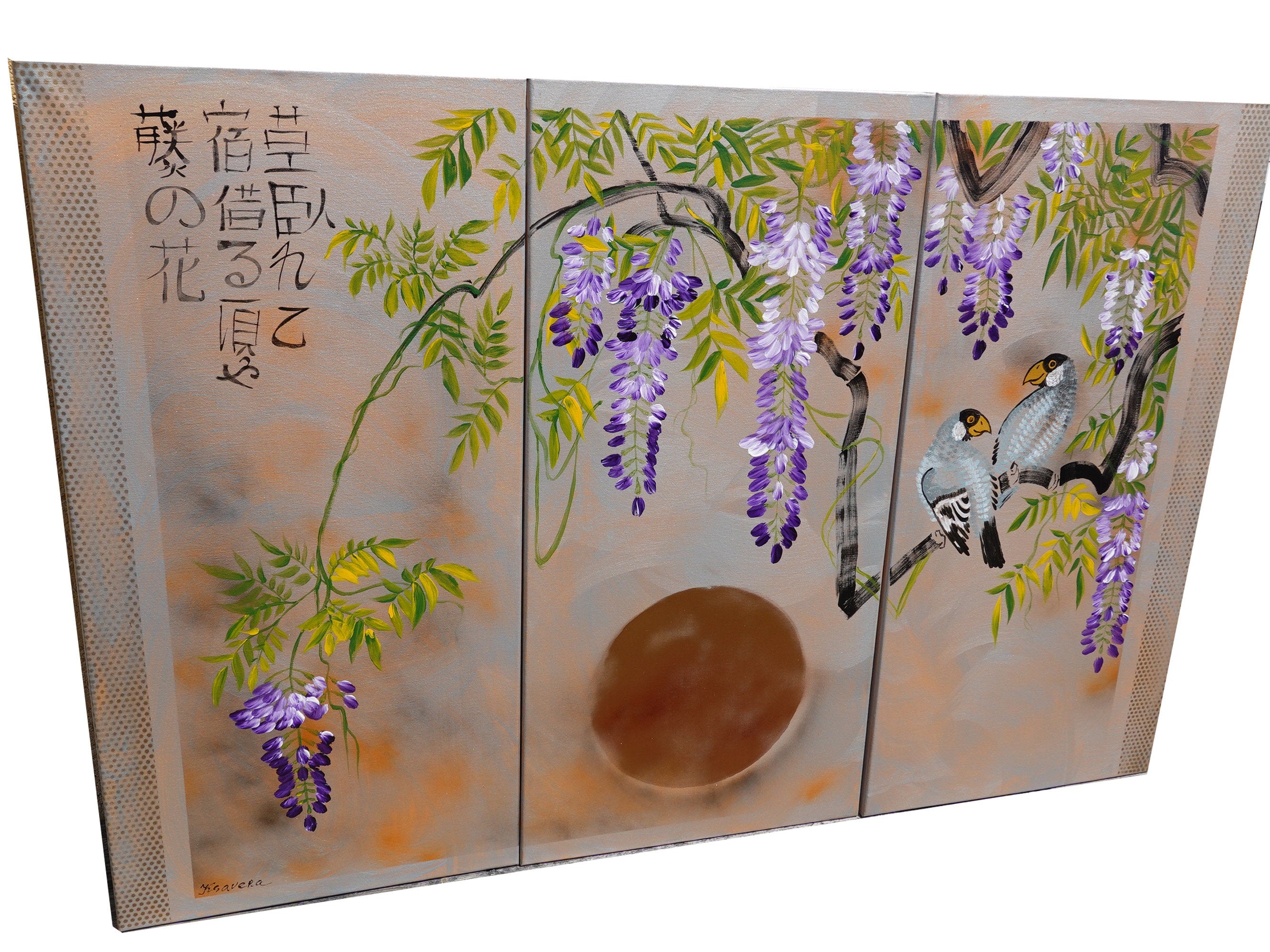 Wisteria and love birds J303 Large japanese triptych - original paintings by Ksavera