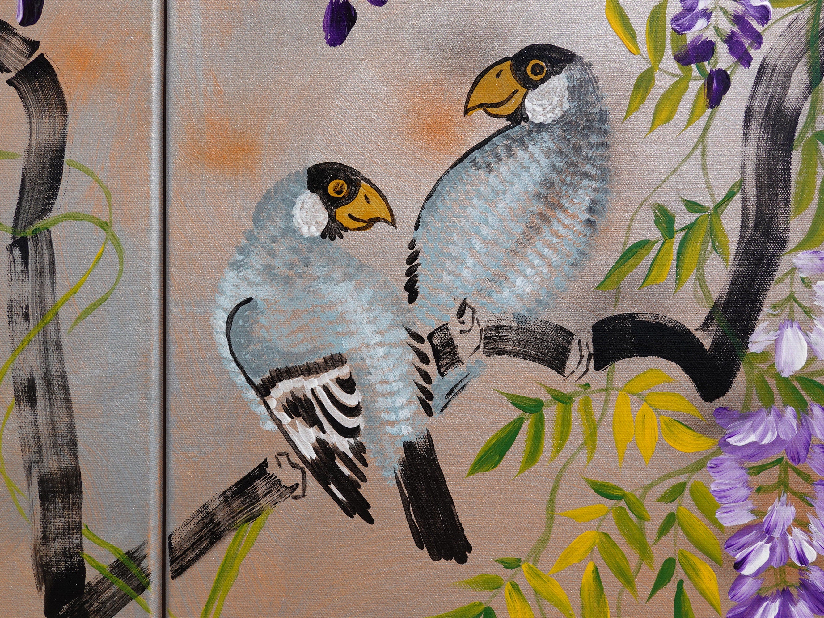 Wisteria and love birds J303 Large japanese triptych - original paintings by Ksavera