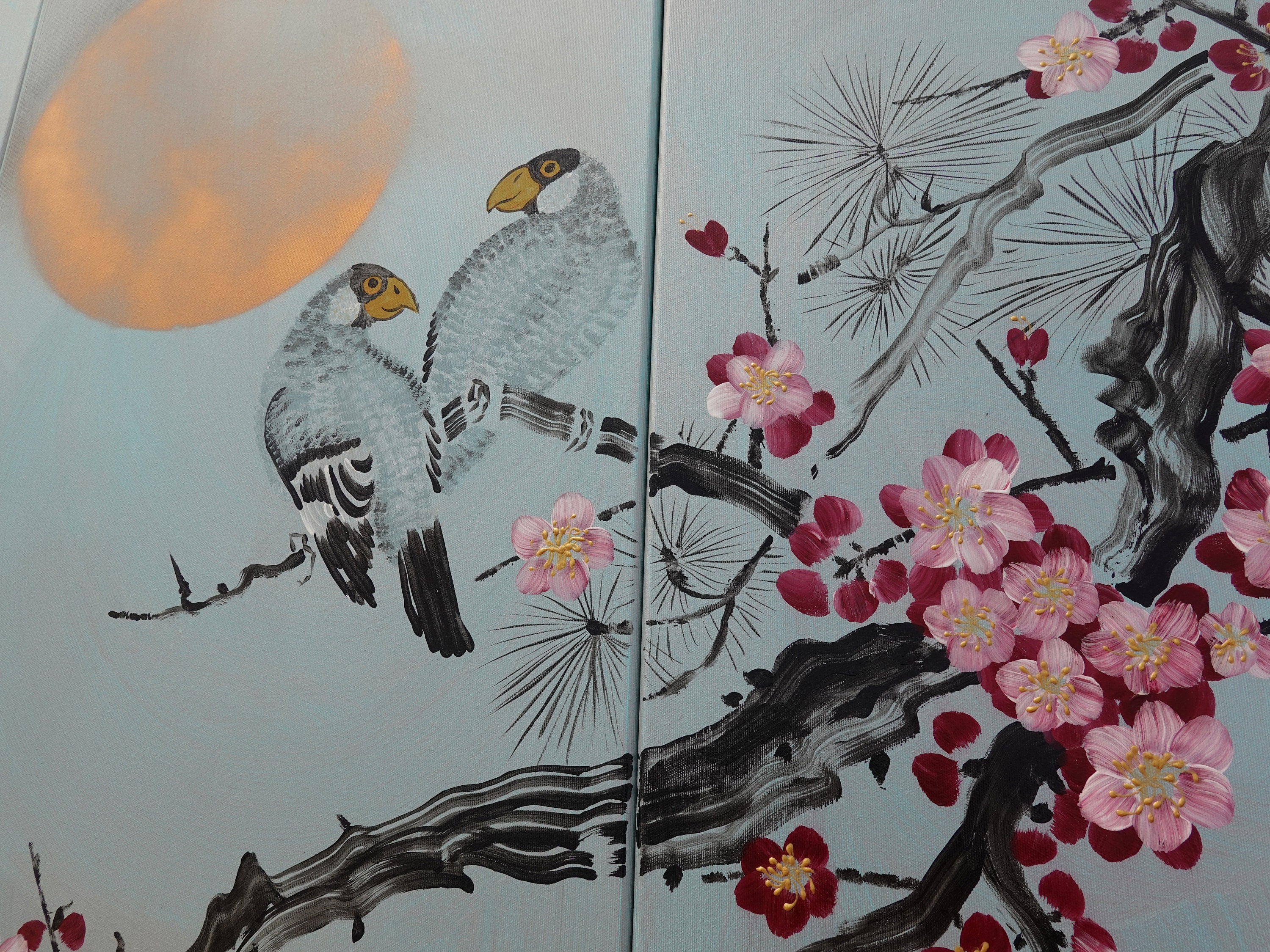 Sakura and love birds J357 - japanese silver teal triptych - large original paintings by Ksavera