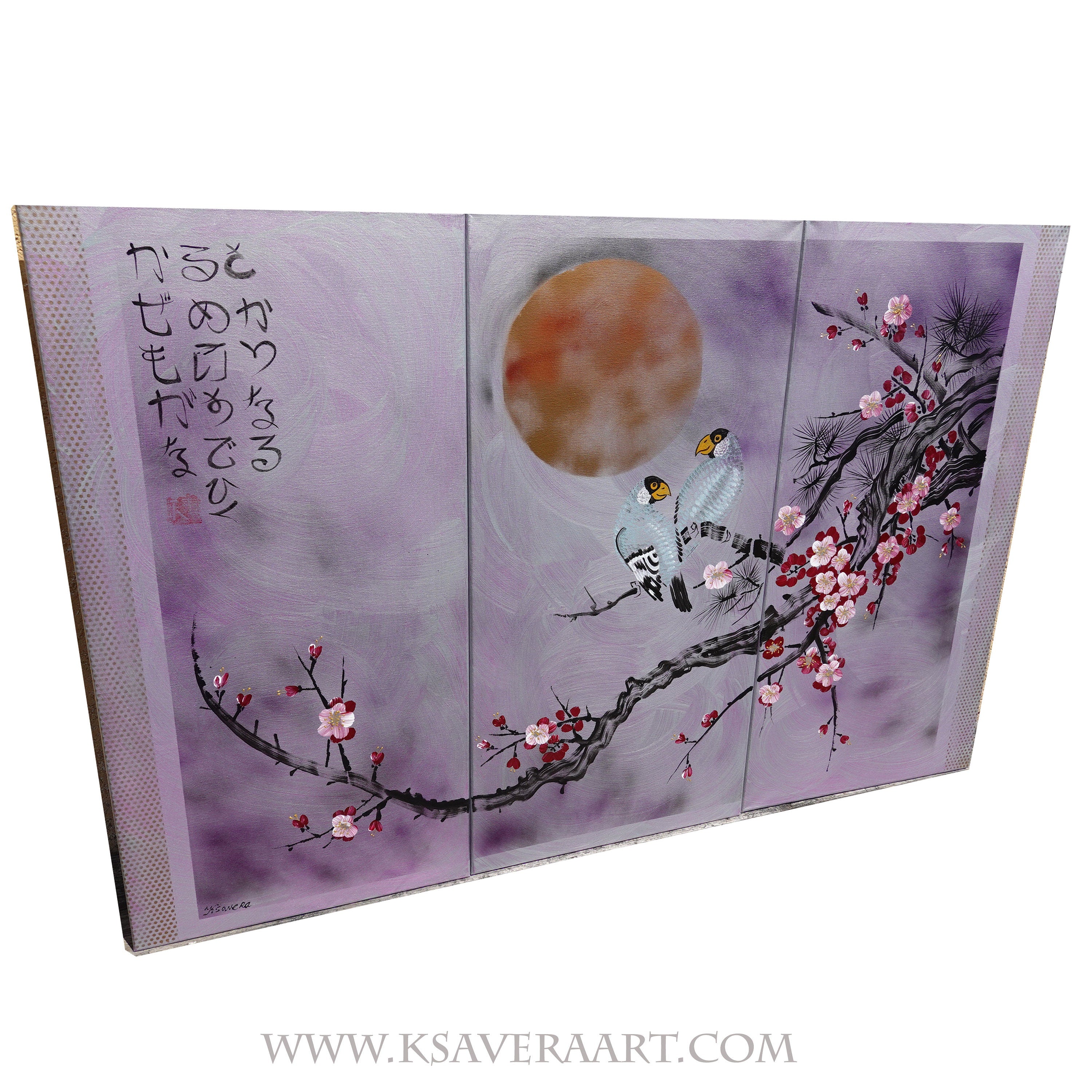 Sakura and love birds J358 - large japanese triptych - large original paintings by Ksavera