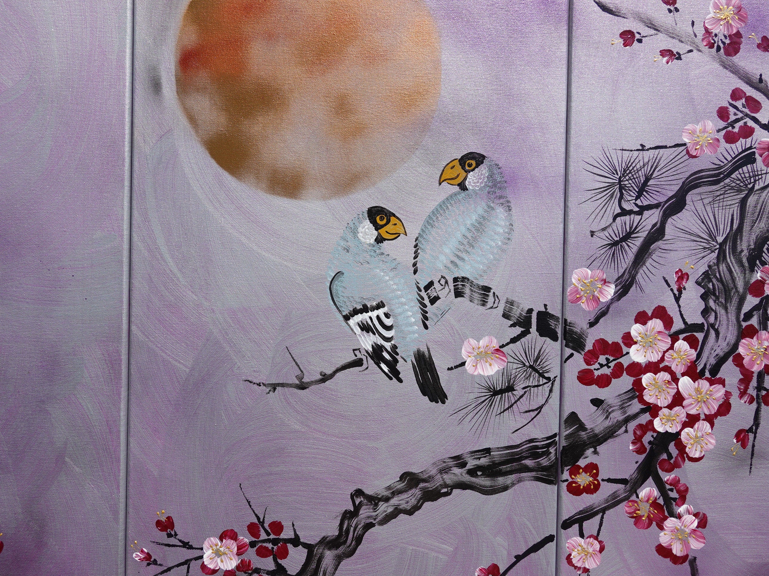Sakura and love birds J358 - large japanese triptych - large original paintings by Ksavera