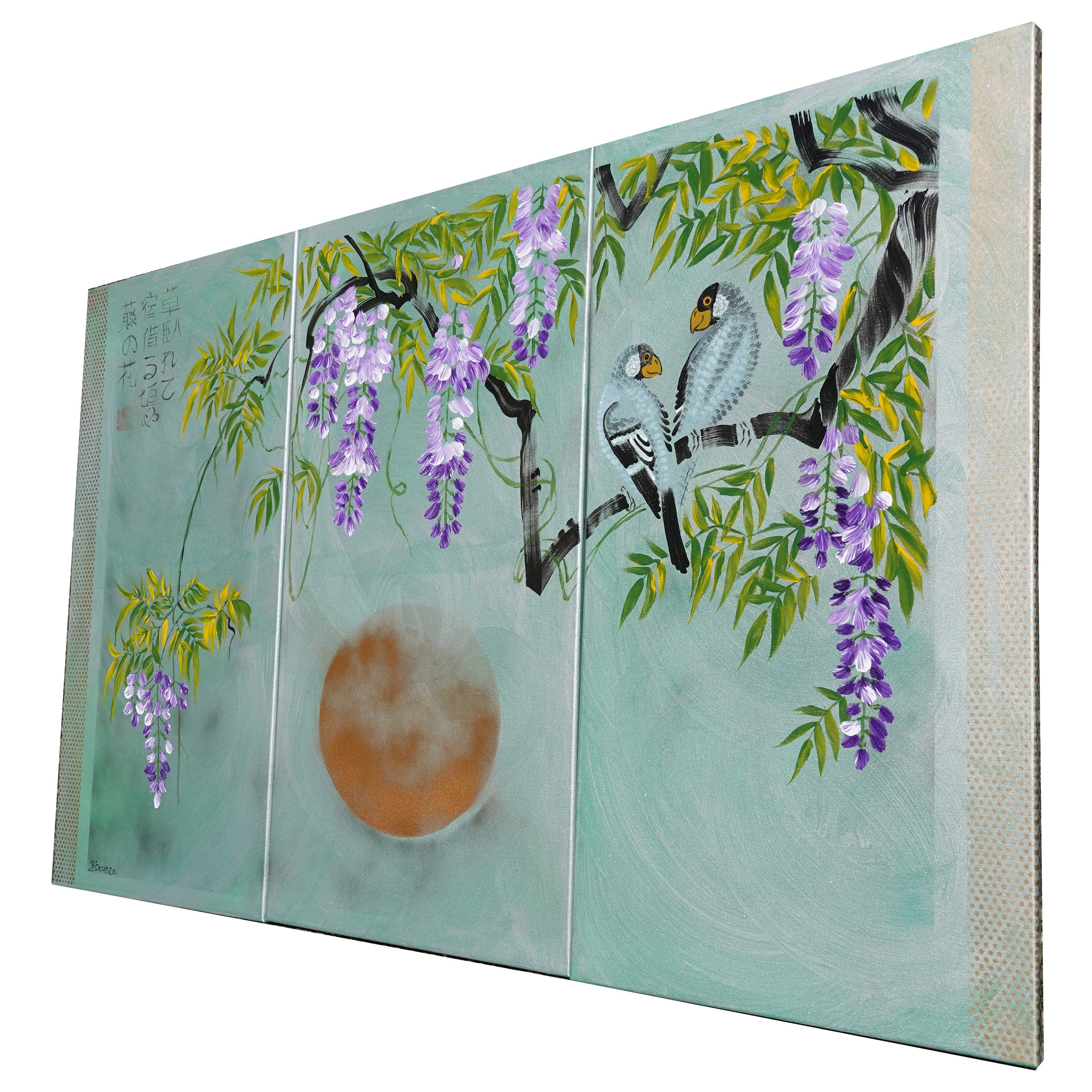 Wisteria and love birds J359 - Japanese green triptych - Large original paintings by Ksavera