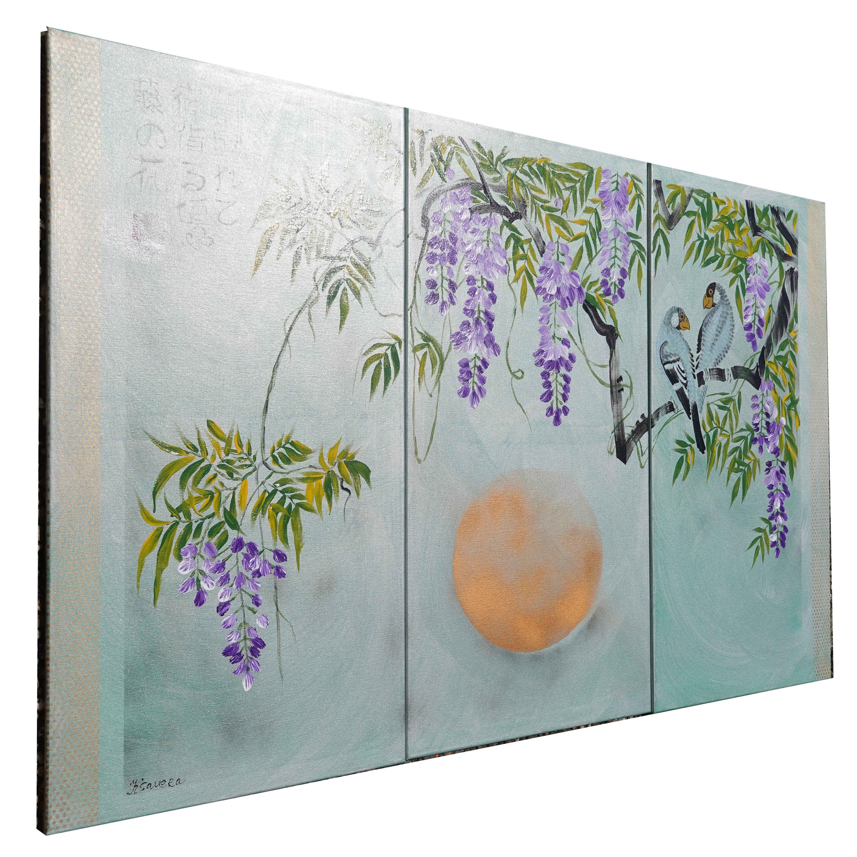 Wisteria and love birds J359 - Japanese green triptych - Large original paintings by Ksavera
