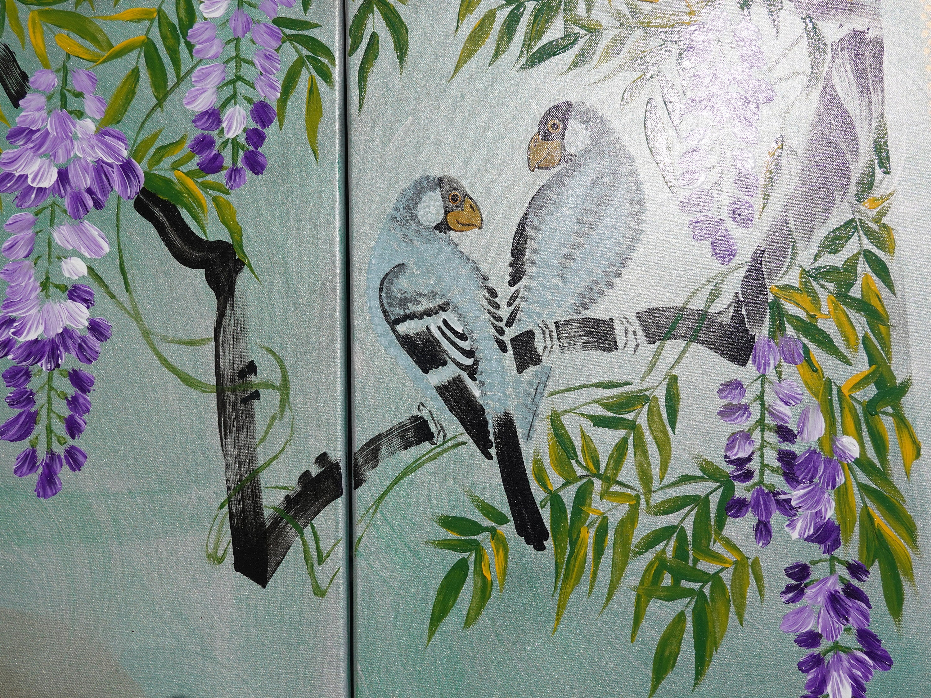 Wisteria and love birds J359 - Japanese green triptych - Large original paintings by Ksavera
