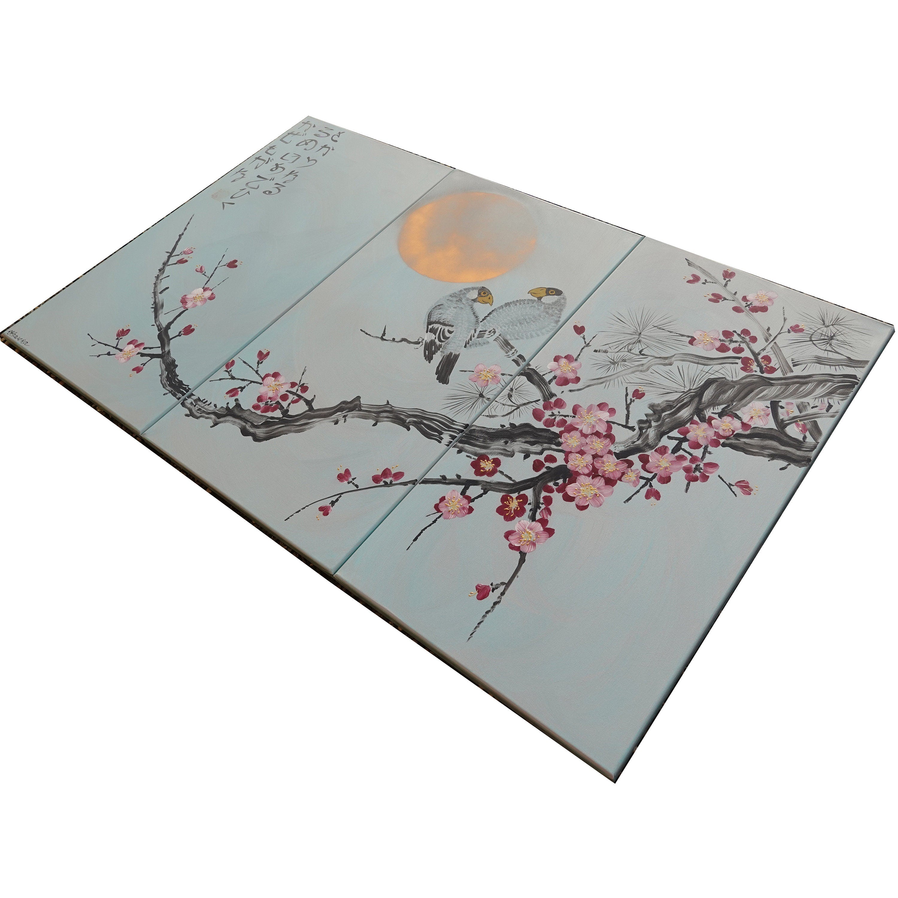 Sakura and love birds J357 - japanese silver teal triptych - large original paintings by Ksavera