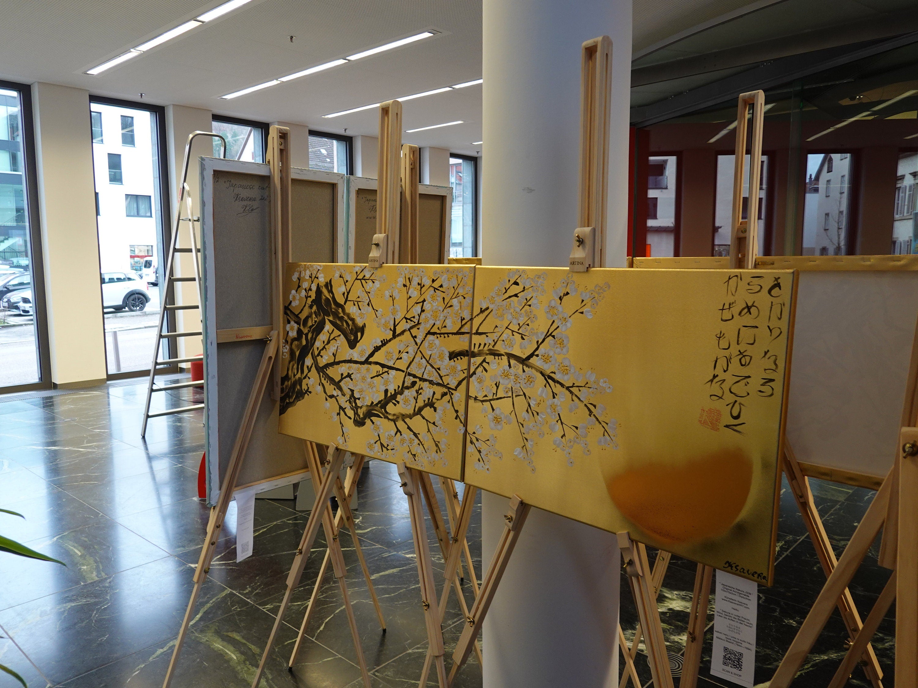 White Cherry blossoms J339 is a Japanese-inspired diptych.
Original Acrylic Painting on stretched gold canvas by artist Ksavera