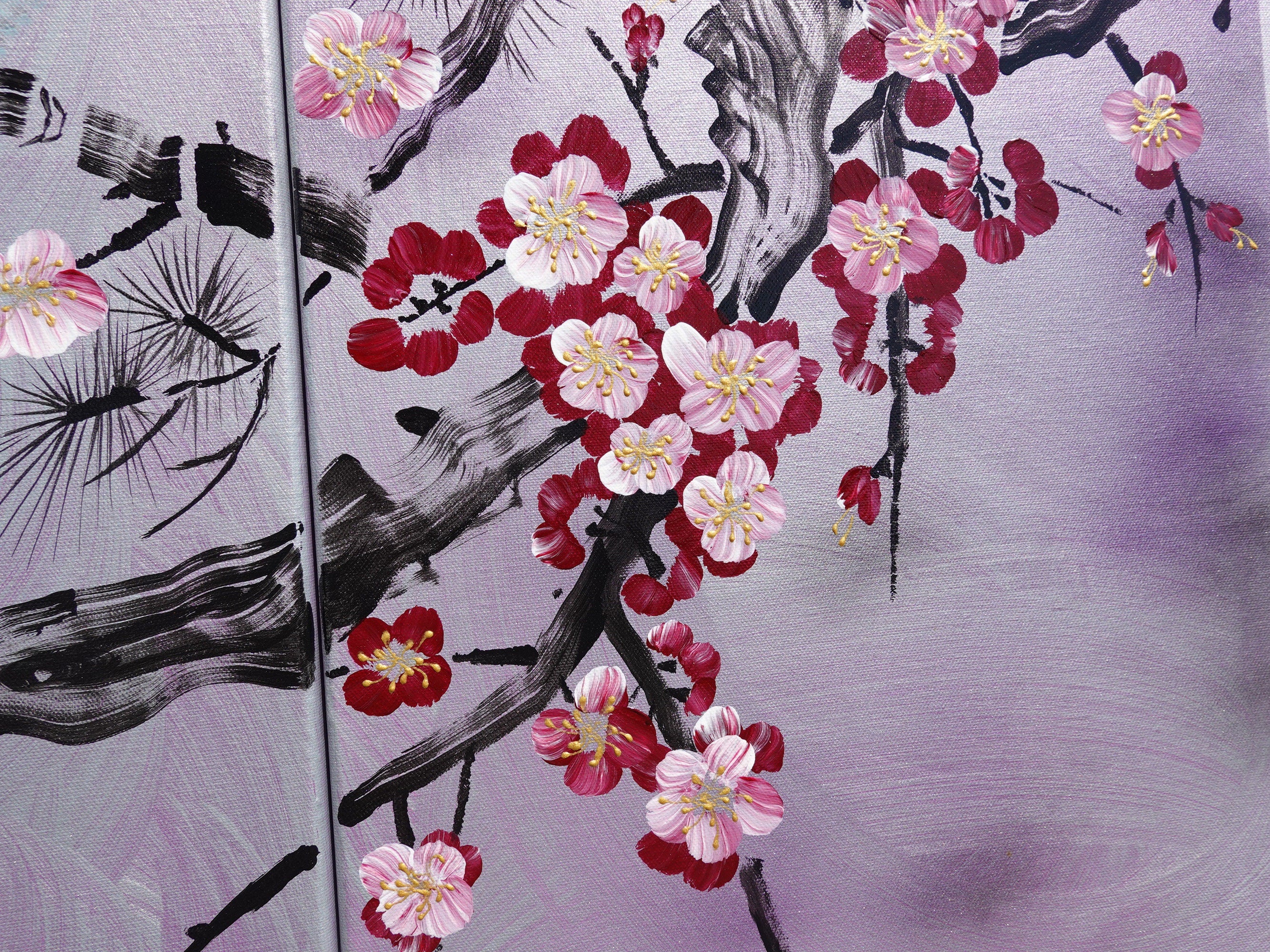 Sakura and love birds J358 - large japanese triptych - large original paintings by Ksavera