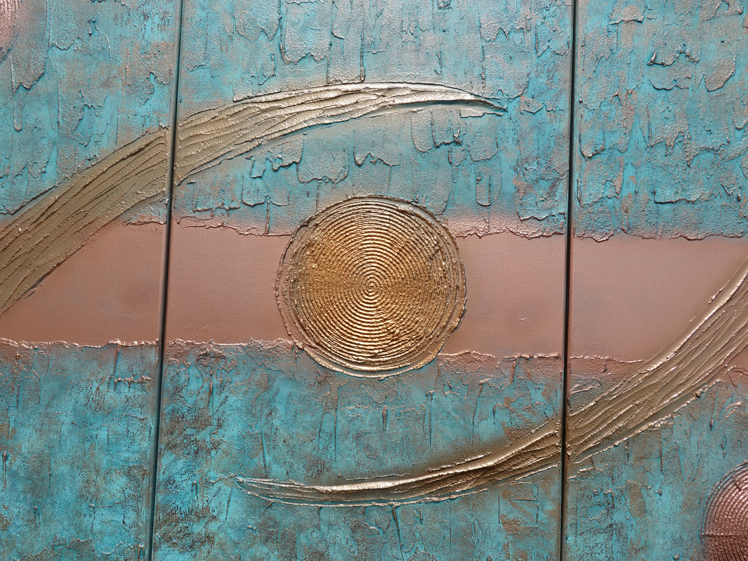 Peintures à patine de cuivre « Abstrait A1211 » — Grand triptyque texturé de Ksavera