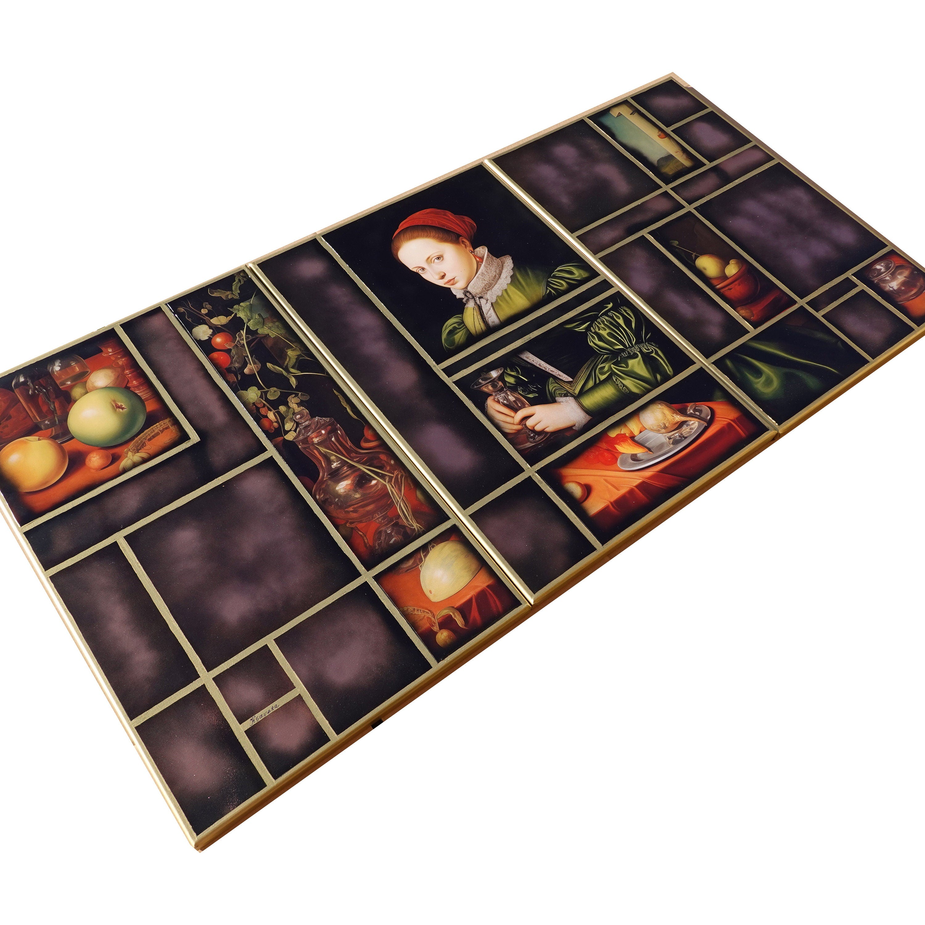 Renaissance portrait A1163 - triptych, original acrylic painting and collage on Stretched Canvas by artist Ksavera