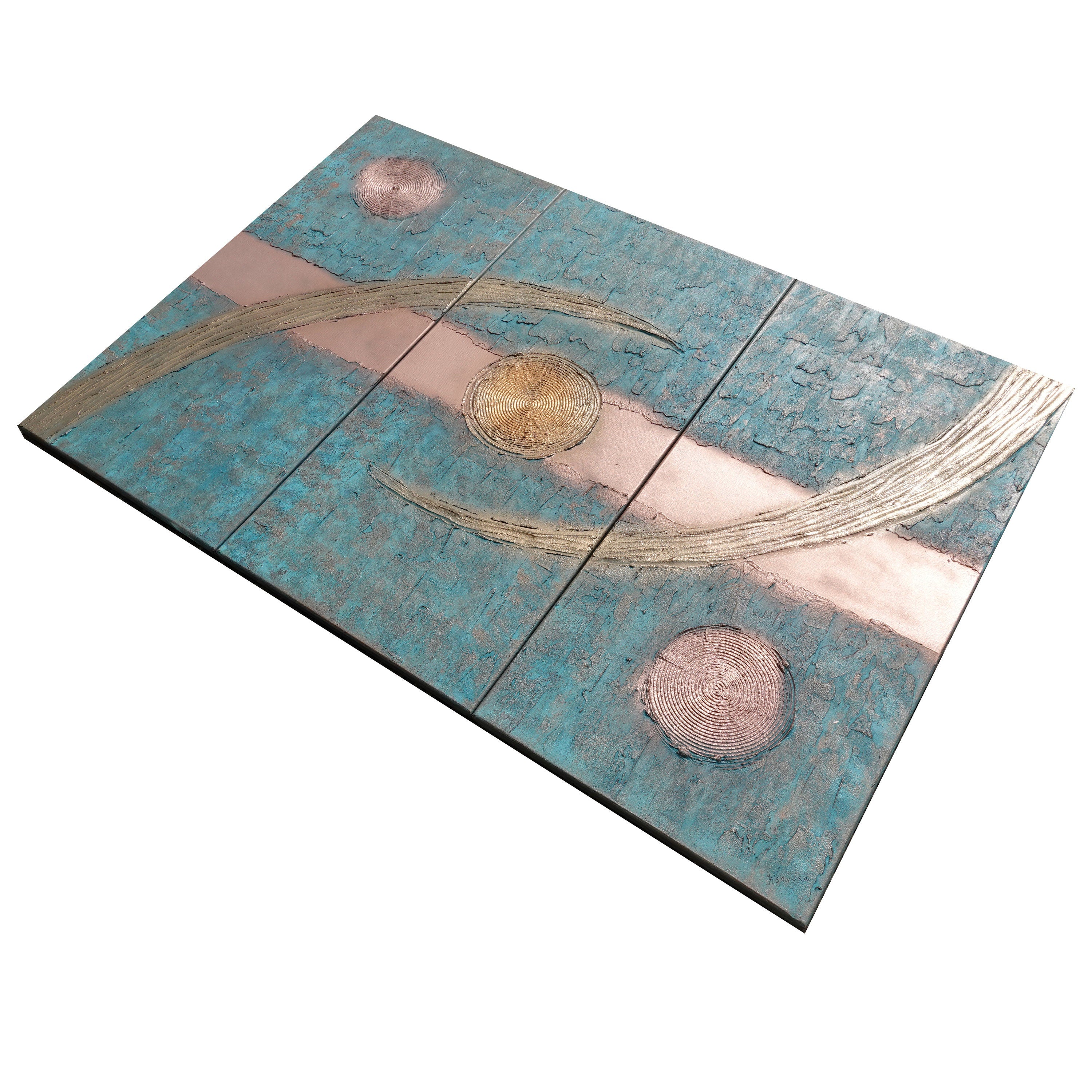 Peintures à patine de cuivre « Abstrait A1211 » — Grand triptyque texturé de Ksavera