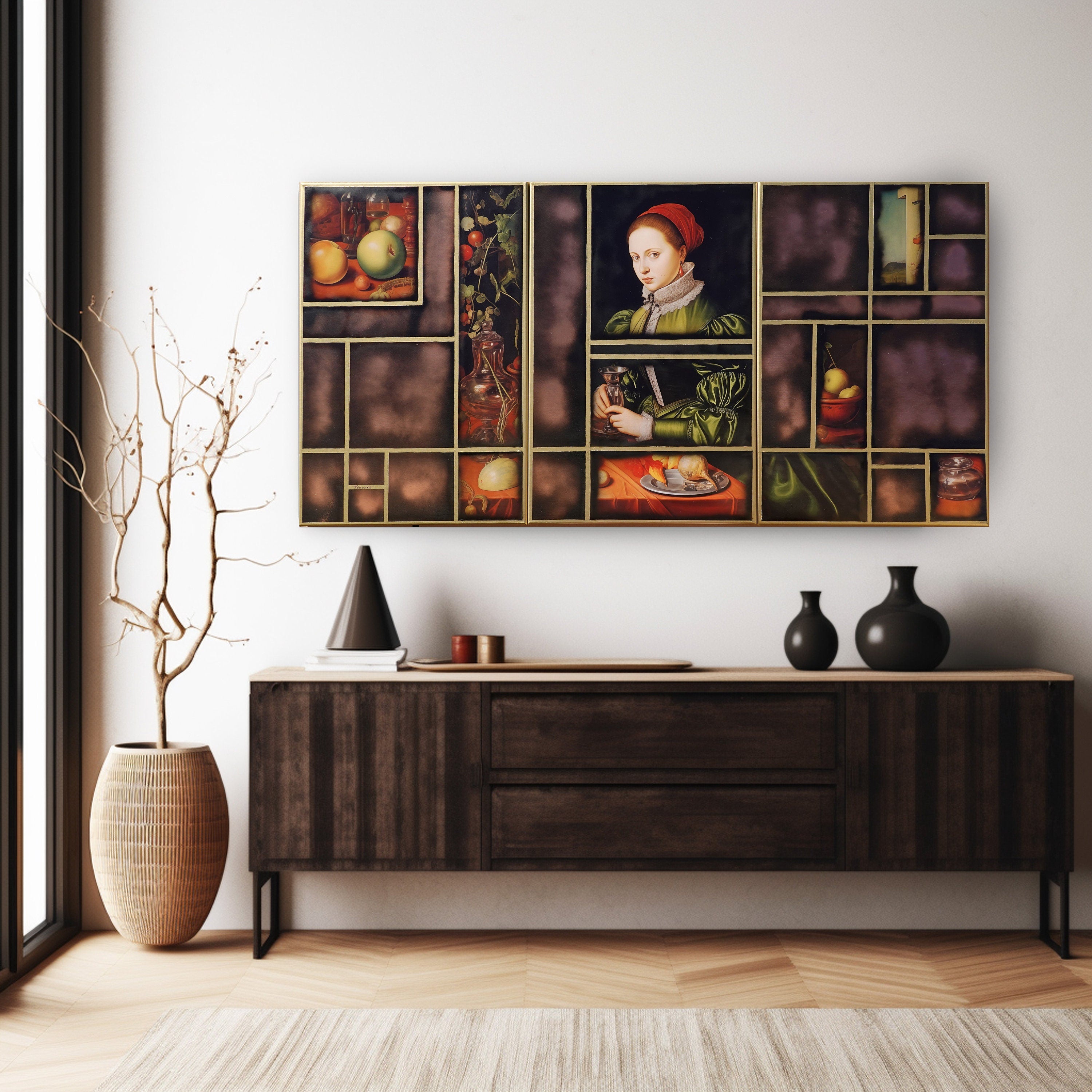 Renaissance portrait A1163 - triptych, original acrylic painting and collage on Stretched Canvas by artist Ksavera