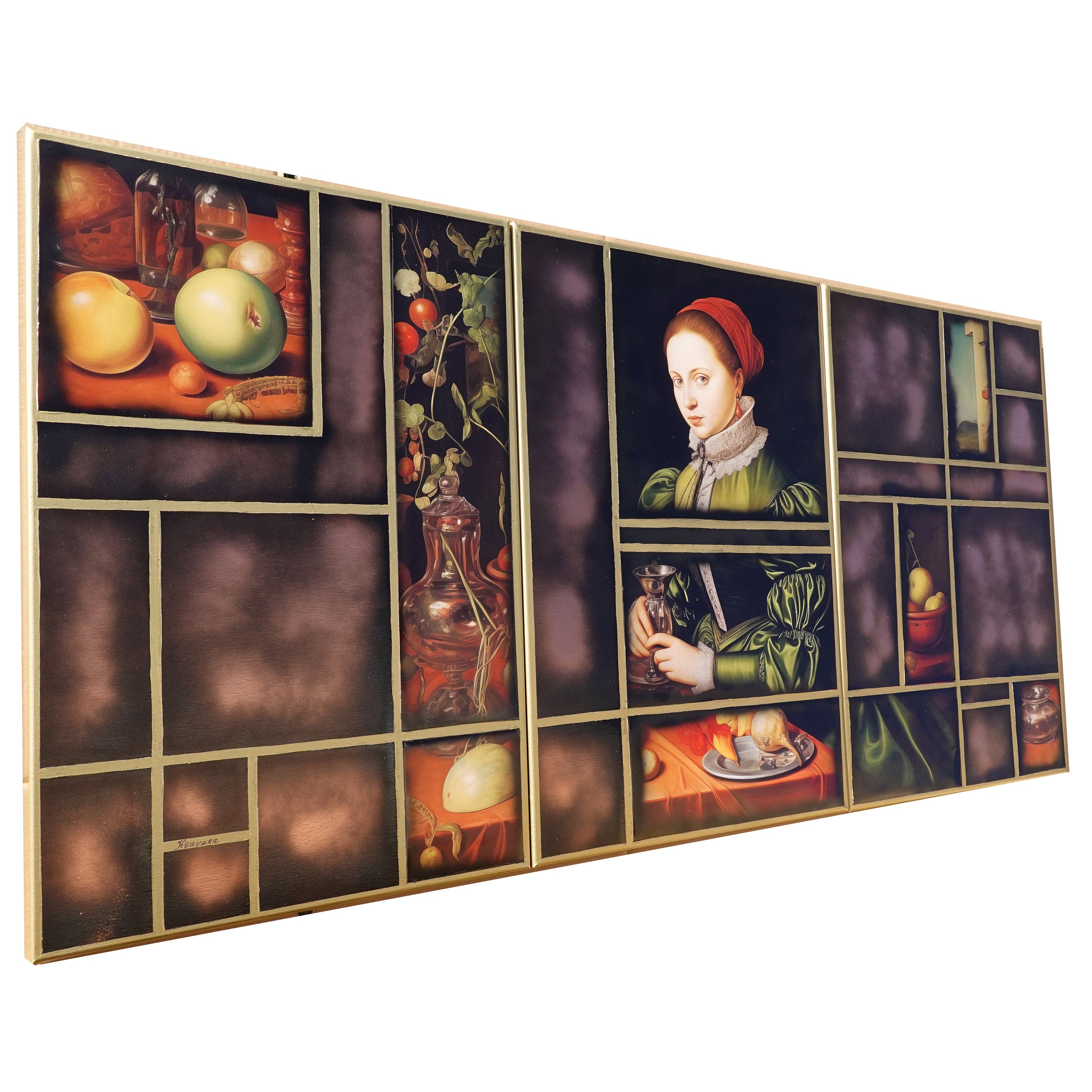 Renaissance portrait A1163 - triptych, original acrylic painting and collage on Stretched Canvas by artist Ksavera