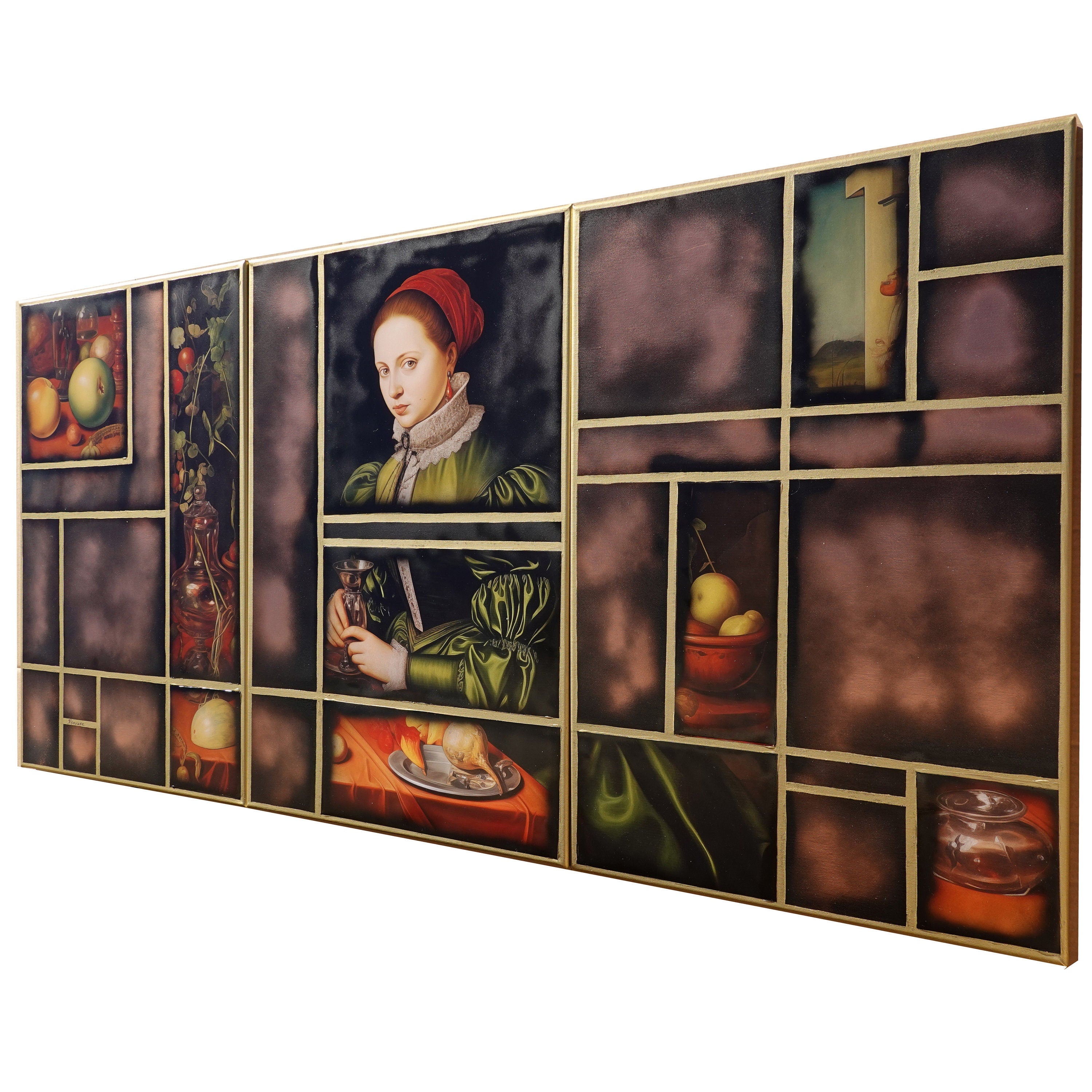 Renaissance portrait A1163 - triptych, original acrylic painting and collage on Stretched Canvas by artist Ksavera
