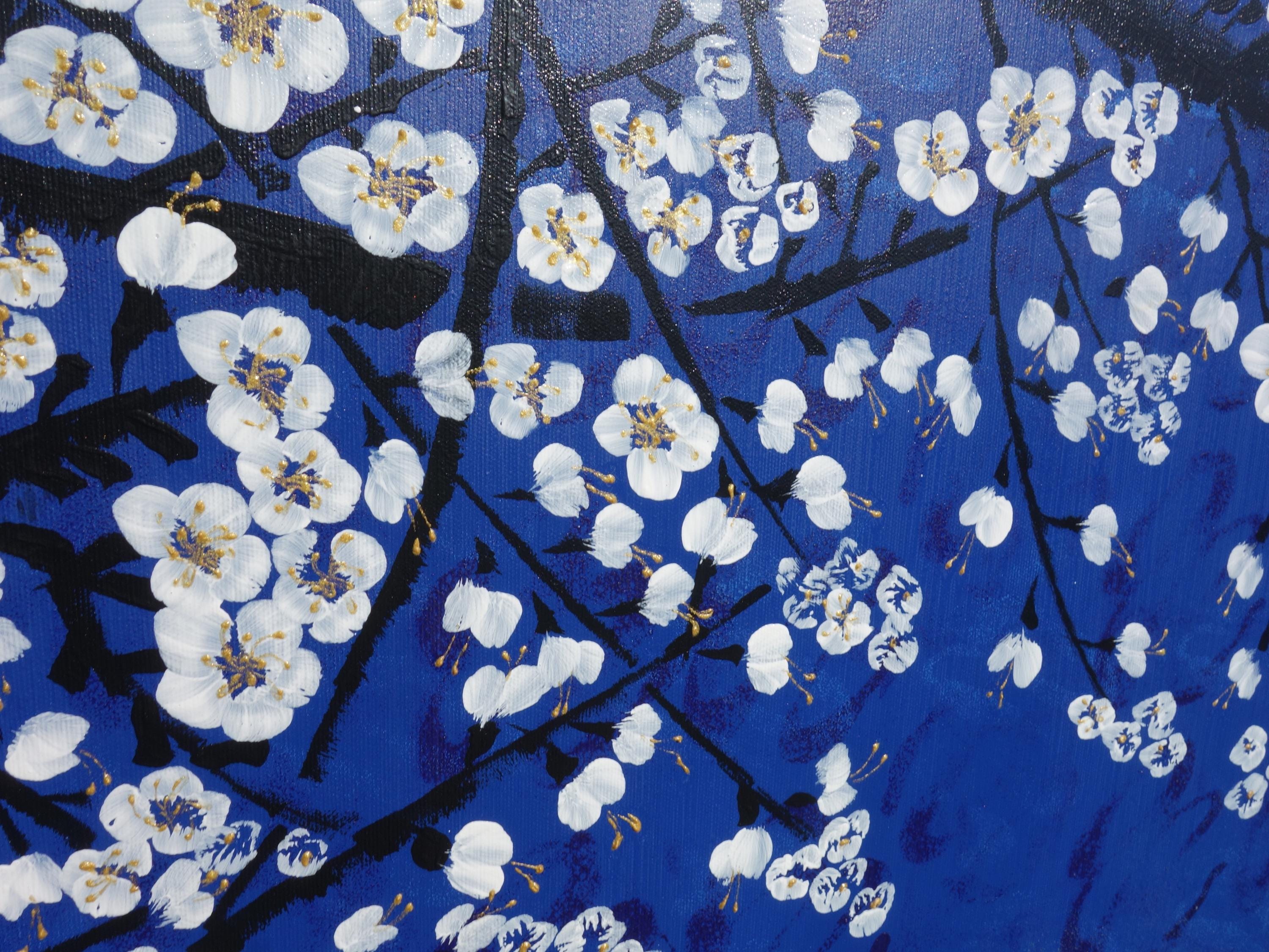 Sakura J390 - Japanese blue Triptych - Original Acrylic Painting by Ksavera