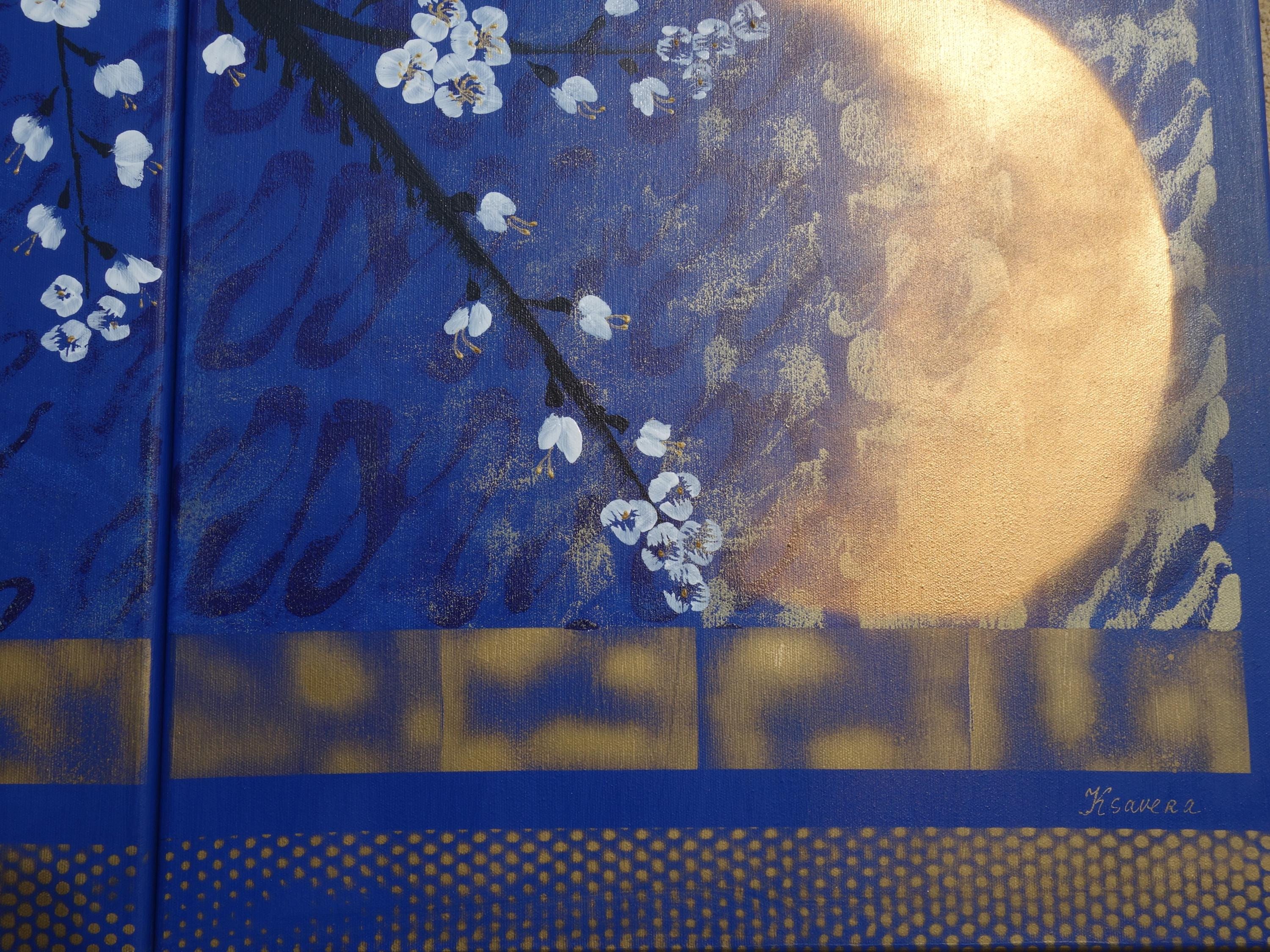 Sakura J390 - Japanese blue Triptych - Original Acrylic Painting by Ksavera