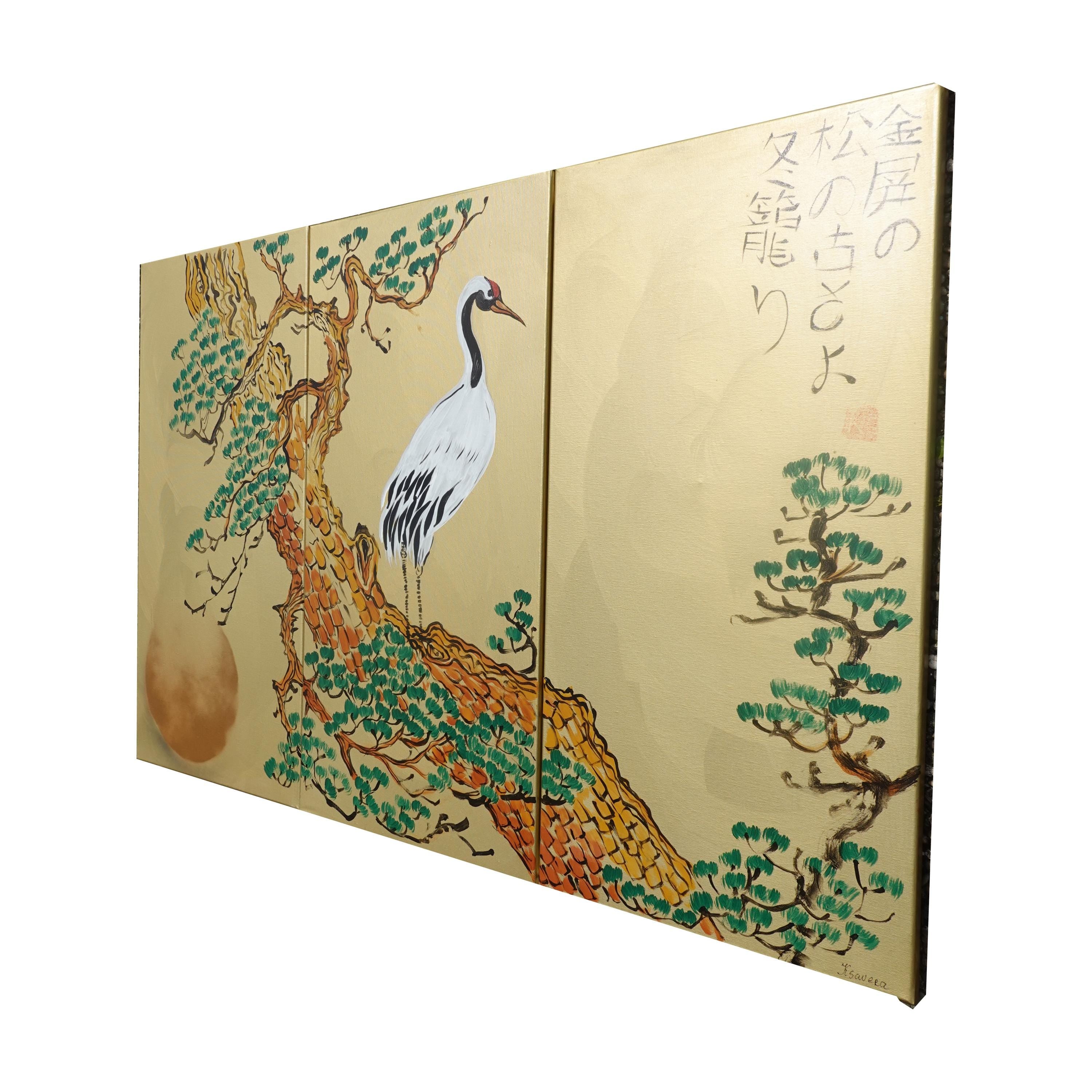 Crane J380 Japanese gold Triptych - Original Acrylic Painting by Ksavera