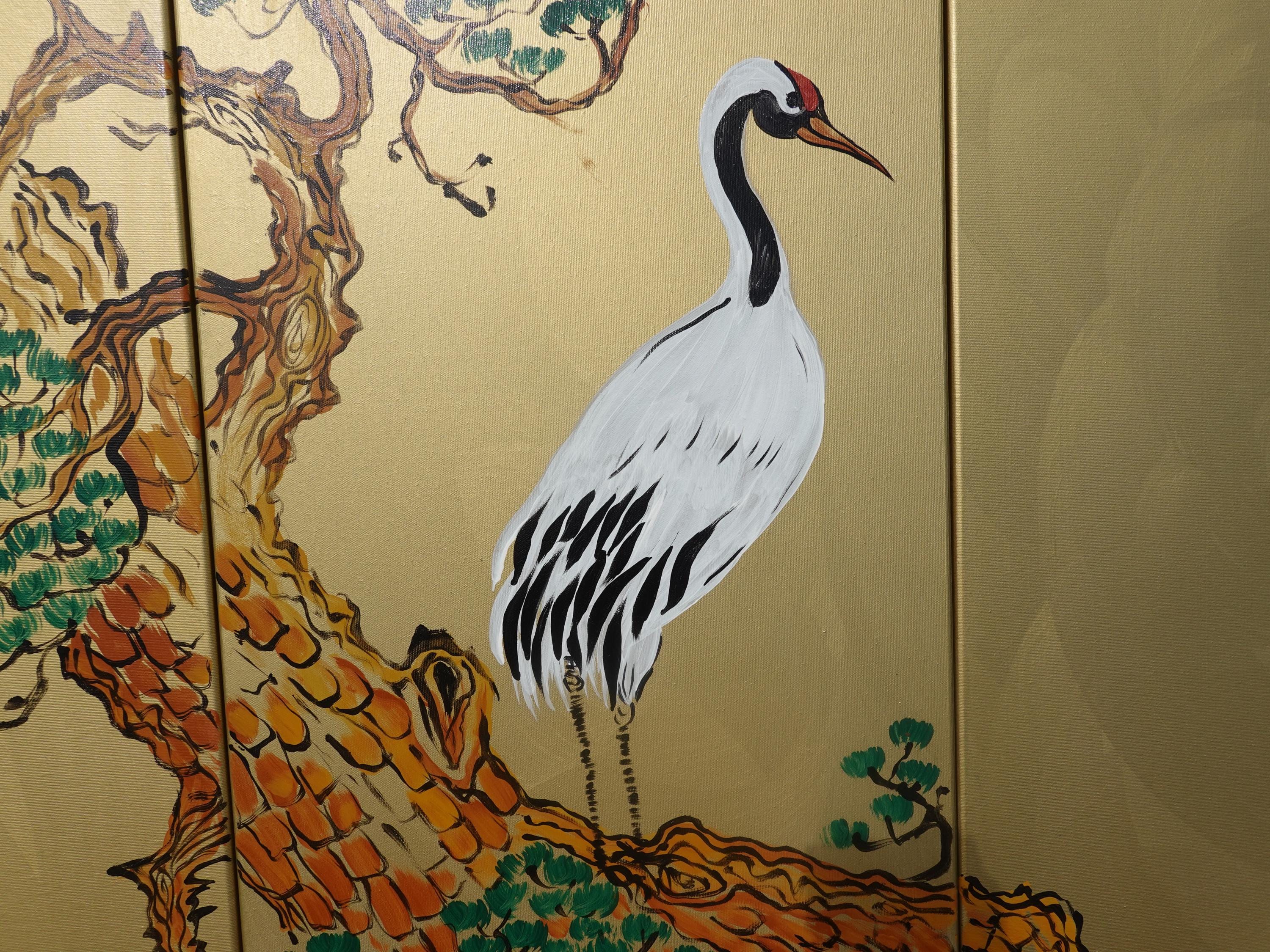 Crane J380 Japanese gold Triptych - Original Acrylic Painting by Ksavera
