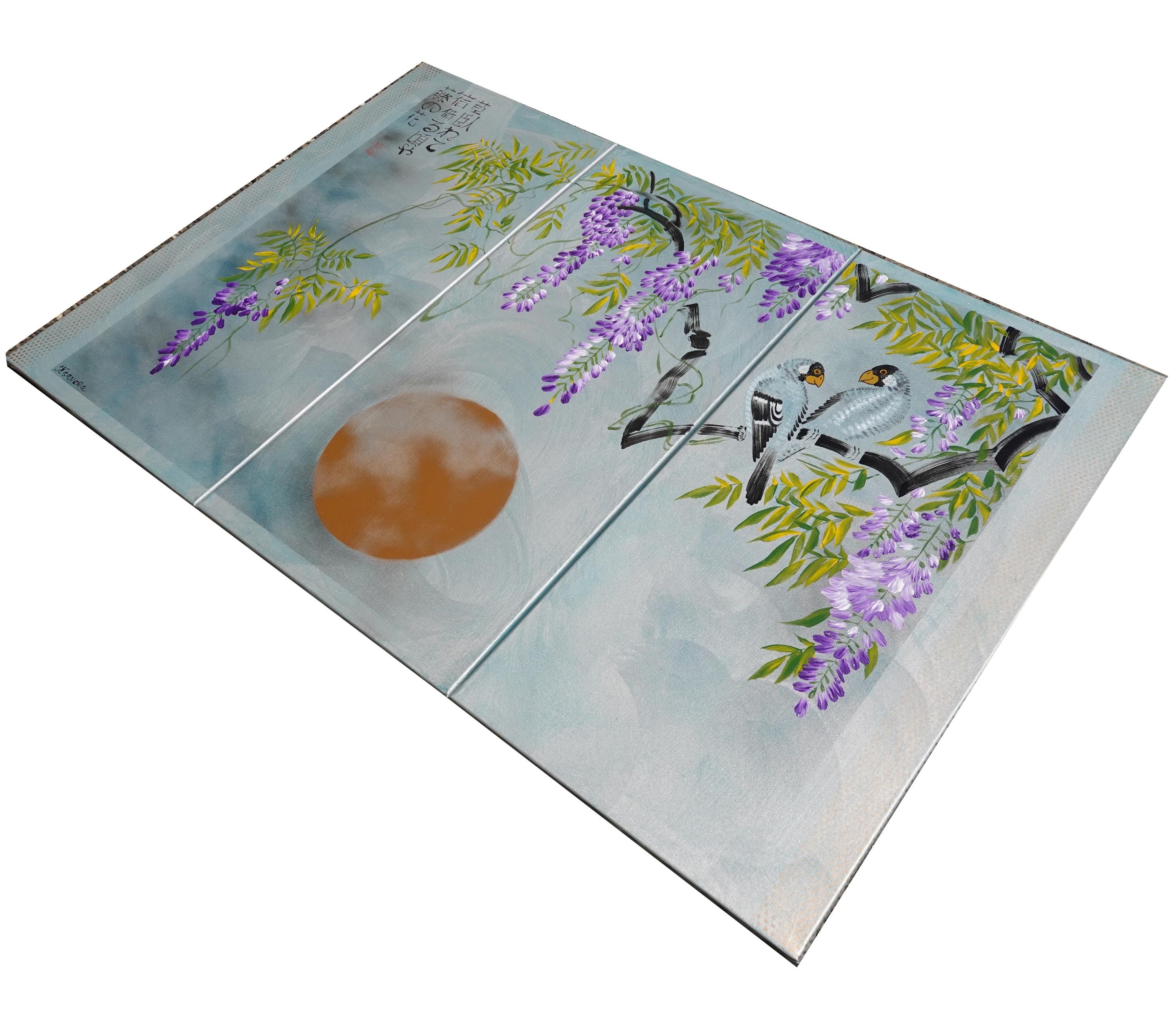 Wisteria J287 large Japanese silver triptych - original paintings by Ksavera
