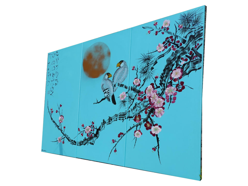 Sakura et oiseaux amoureux J290 est un grand triptyque japonais turquoise - Peinture acrylique originale sur toile tendue de l'artiste Ksavera.
