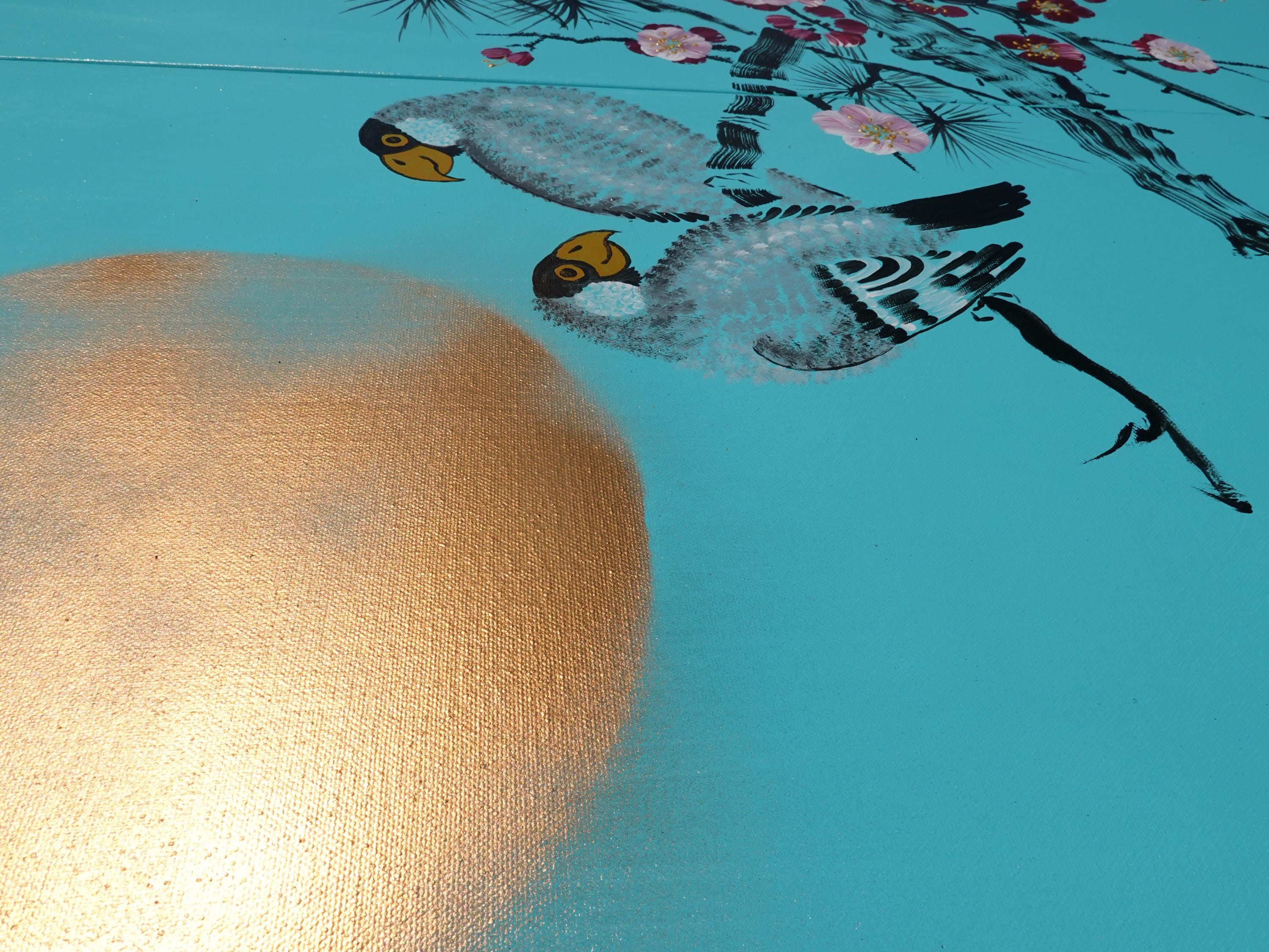 Sakura et oiseaux amoureux J290 est un grand triptyque japonais turquoise - Peinture acrylique originale sur toile tendue de l'artiste Ksavera.