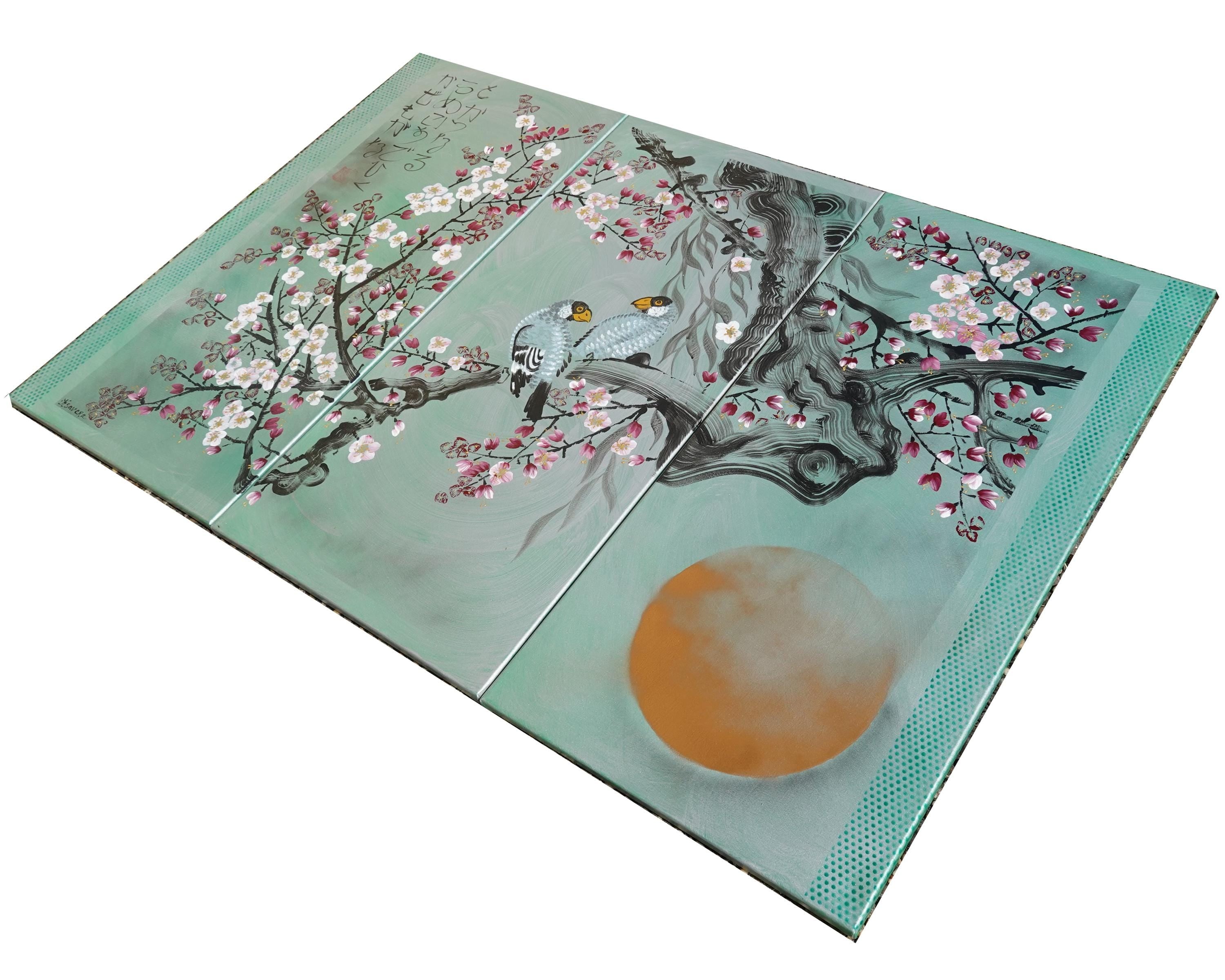 Love Birds J289 large Japanese silver green triptych - original painting by Ksavera