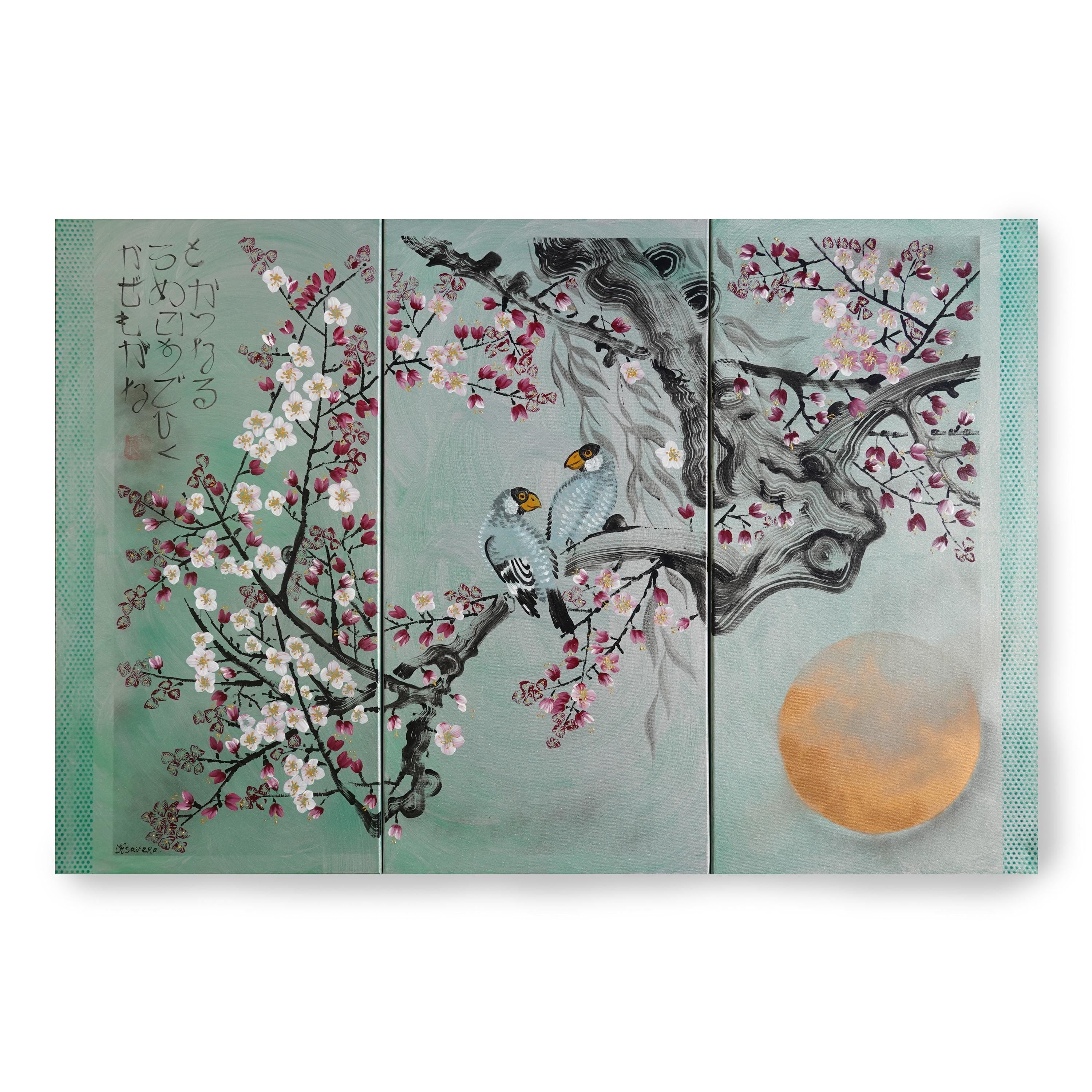 Love Birds J289 large Japanese silver green triptych - original painting by Ksavera