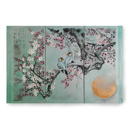 Love Birds J289 large Japanese silver green triptych - original painting by Ksavera