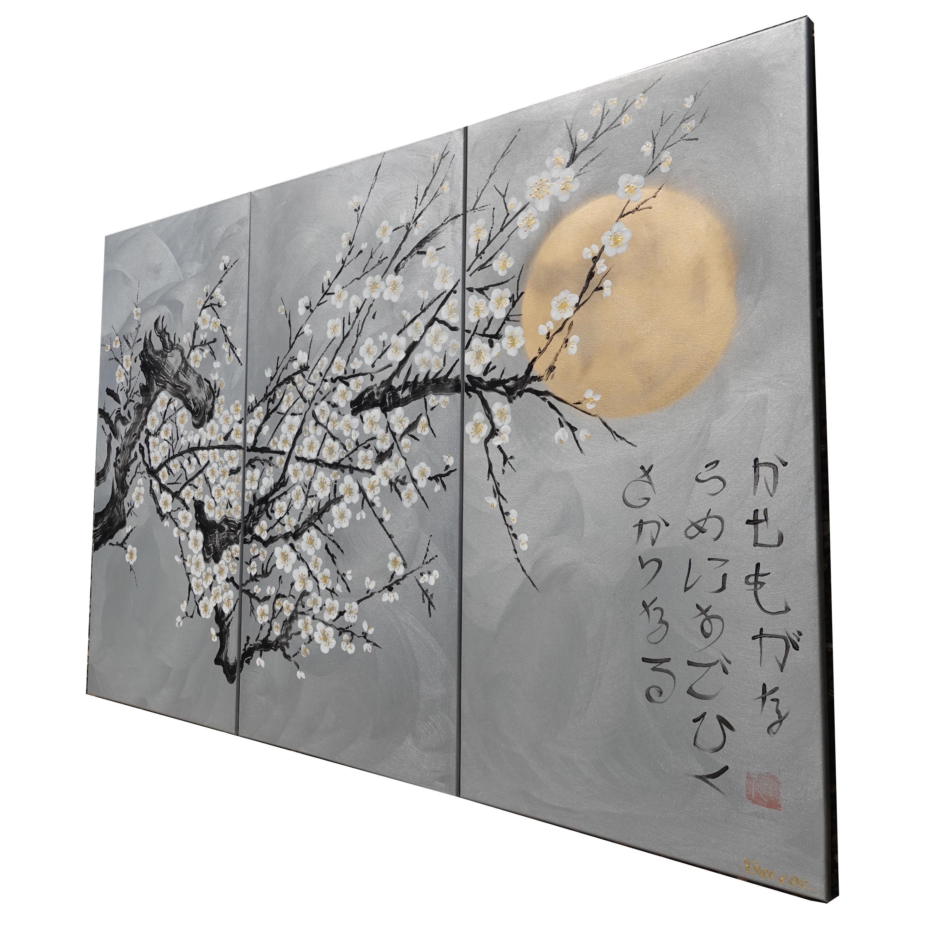 Japanese sakura J214 - large silver triptych - original paintings by Ksavera