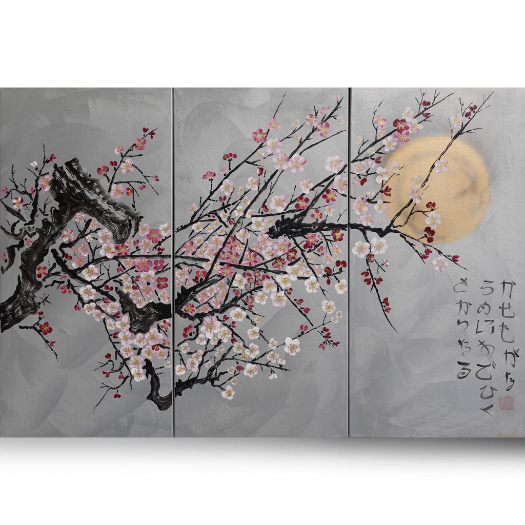 Japanese sakura J216 - large silver triptych - original paintings by Ksavera