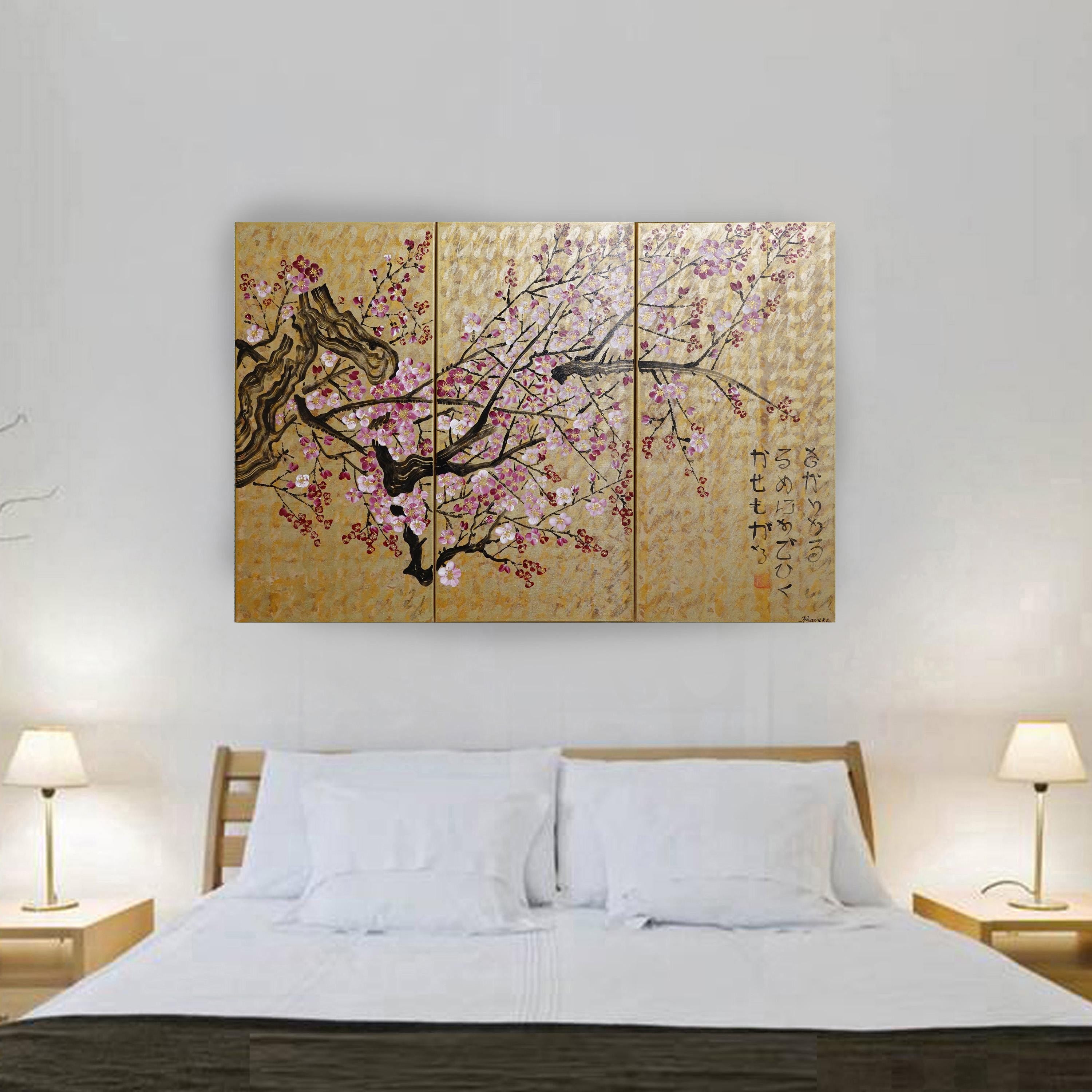 Japanese sakura J236 - large gold triptych - original paintings by Ksavera