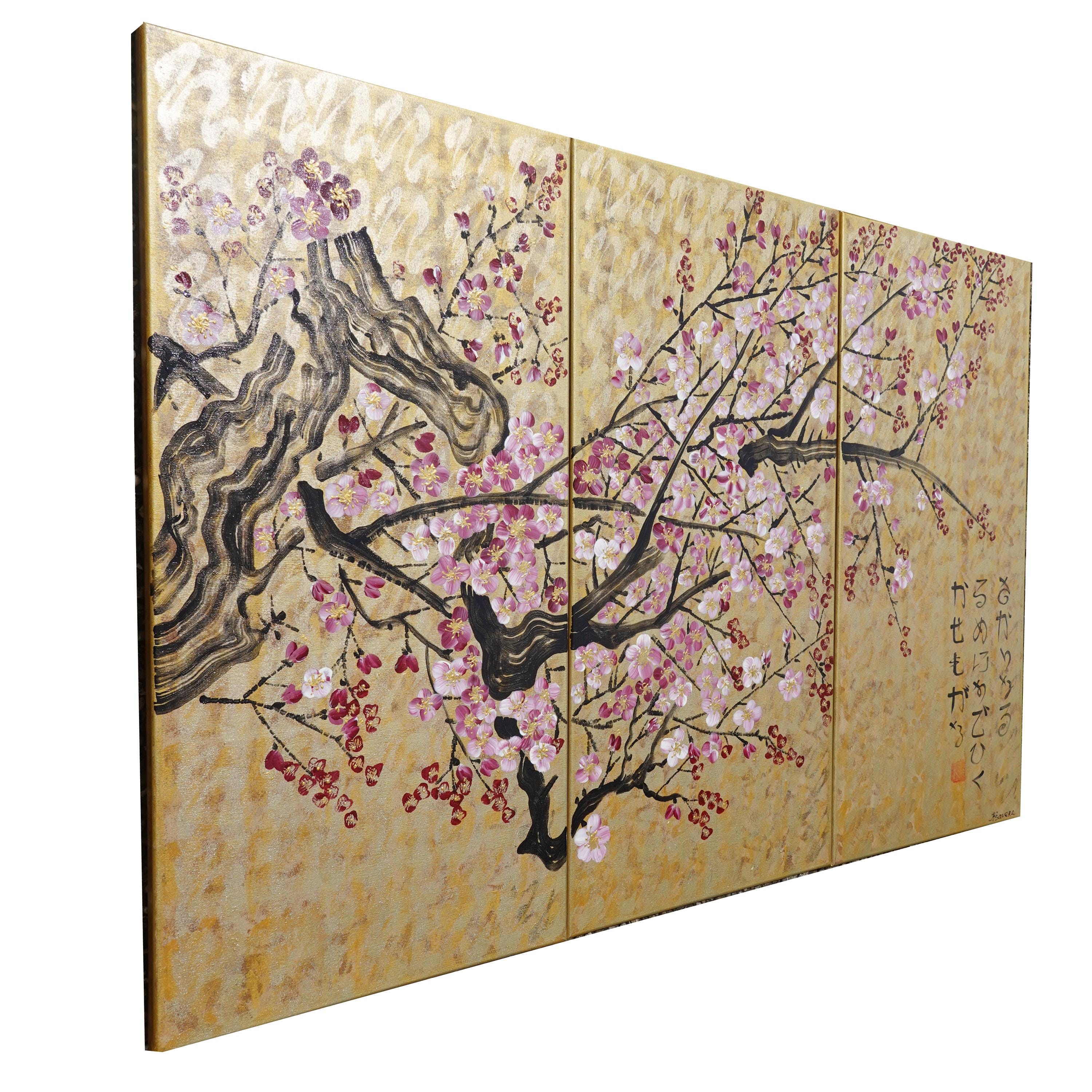 Japanese sakura J236 - large gold triptych - original paintings by Ksavera