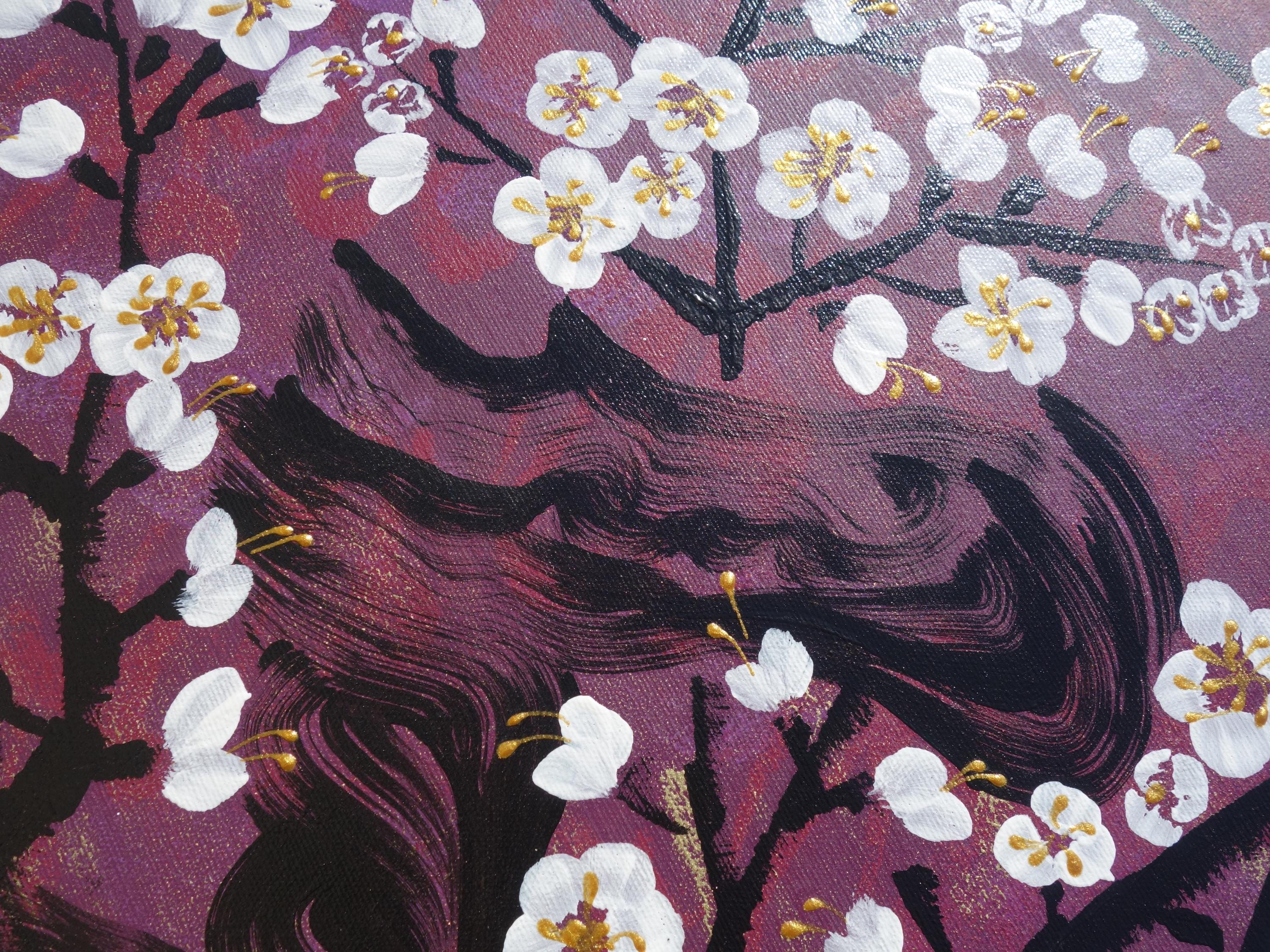 Japanese sakura J392 - large purple triptych - original paintings by Ksavera