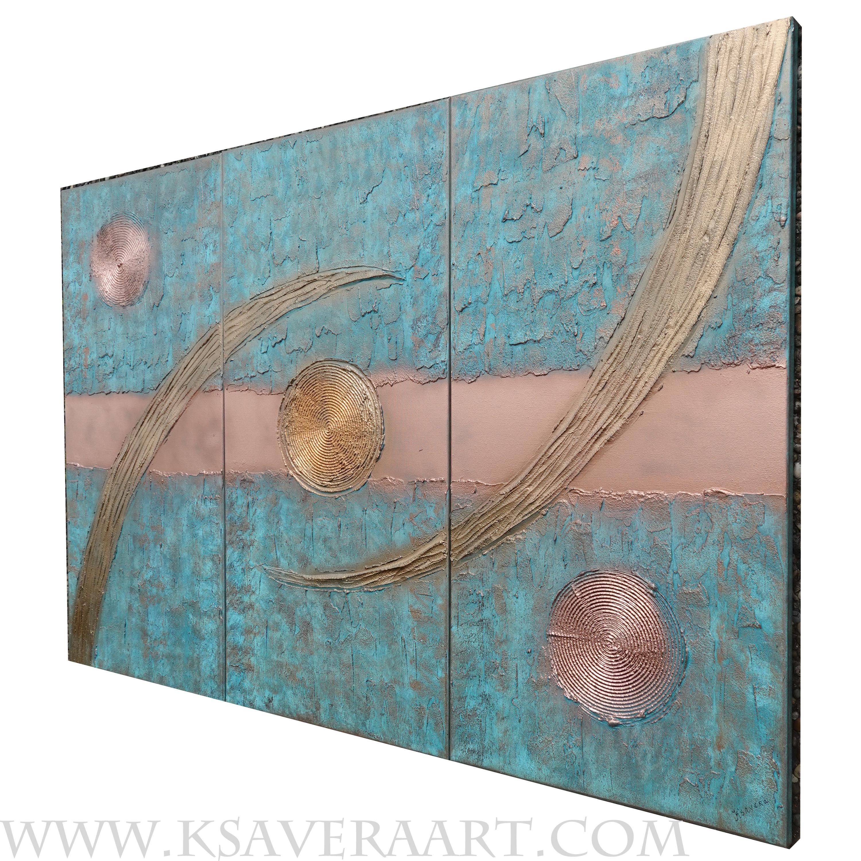 Copper patina Paintings “Abstract A1211” — Large textured Triptych by Ksavera