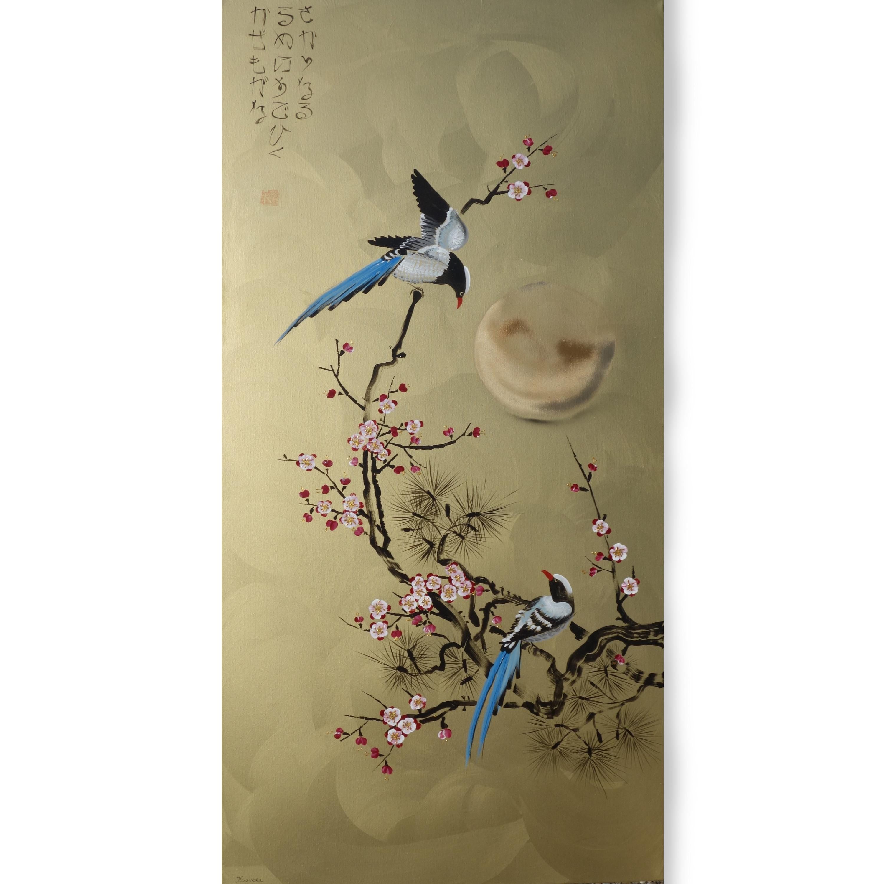 Japanese birds J393 - gold extra large original acrylic painting on canvas by Ksavera