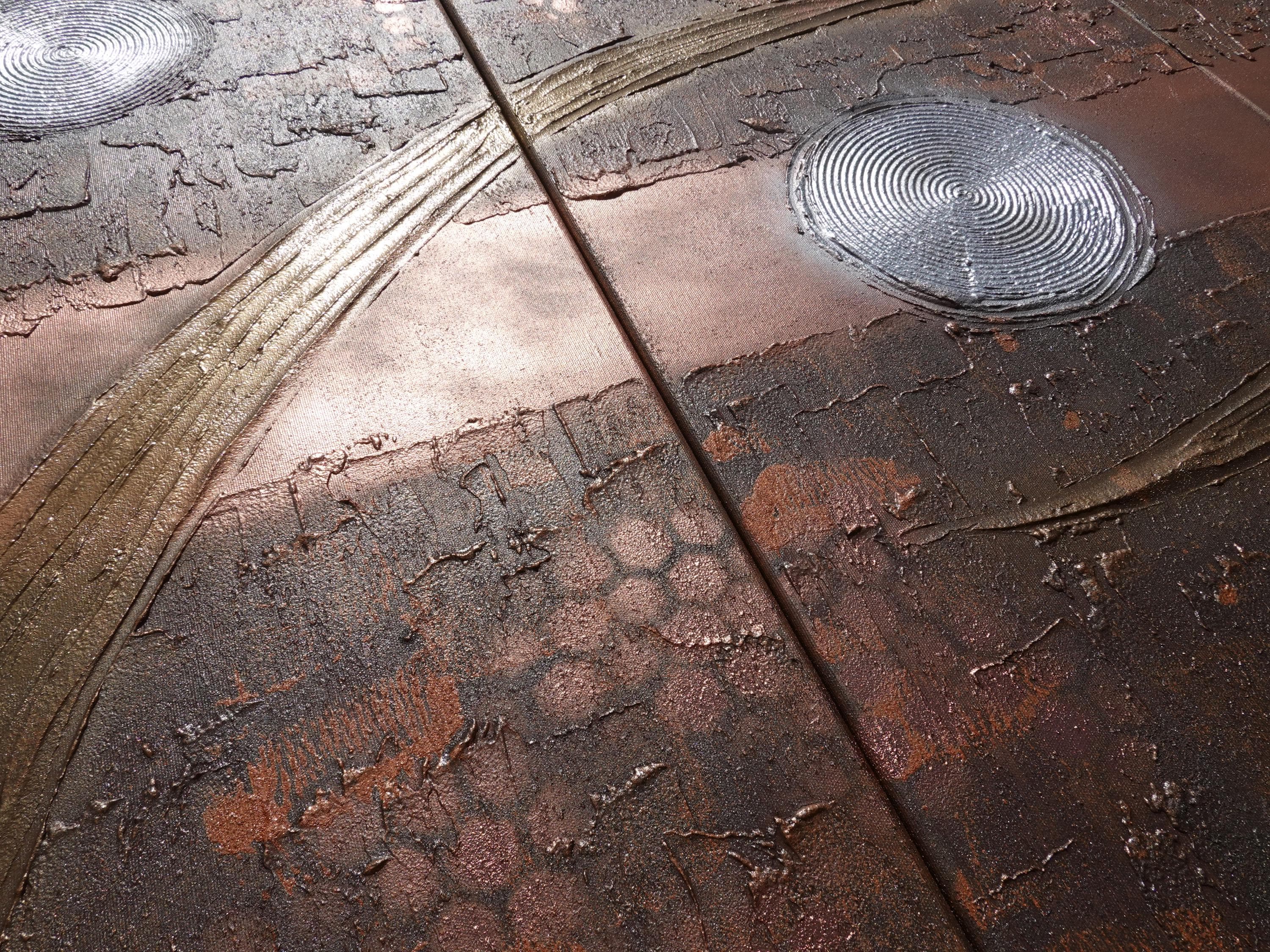 Peintures aux reflets rouillés du cuivre « Abstrait A1232 » — Grand triptyque texturé de Ksavera