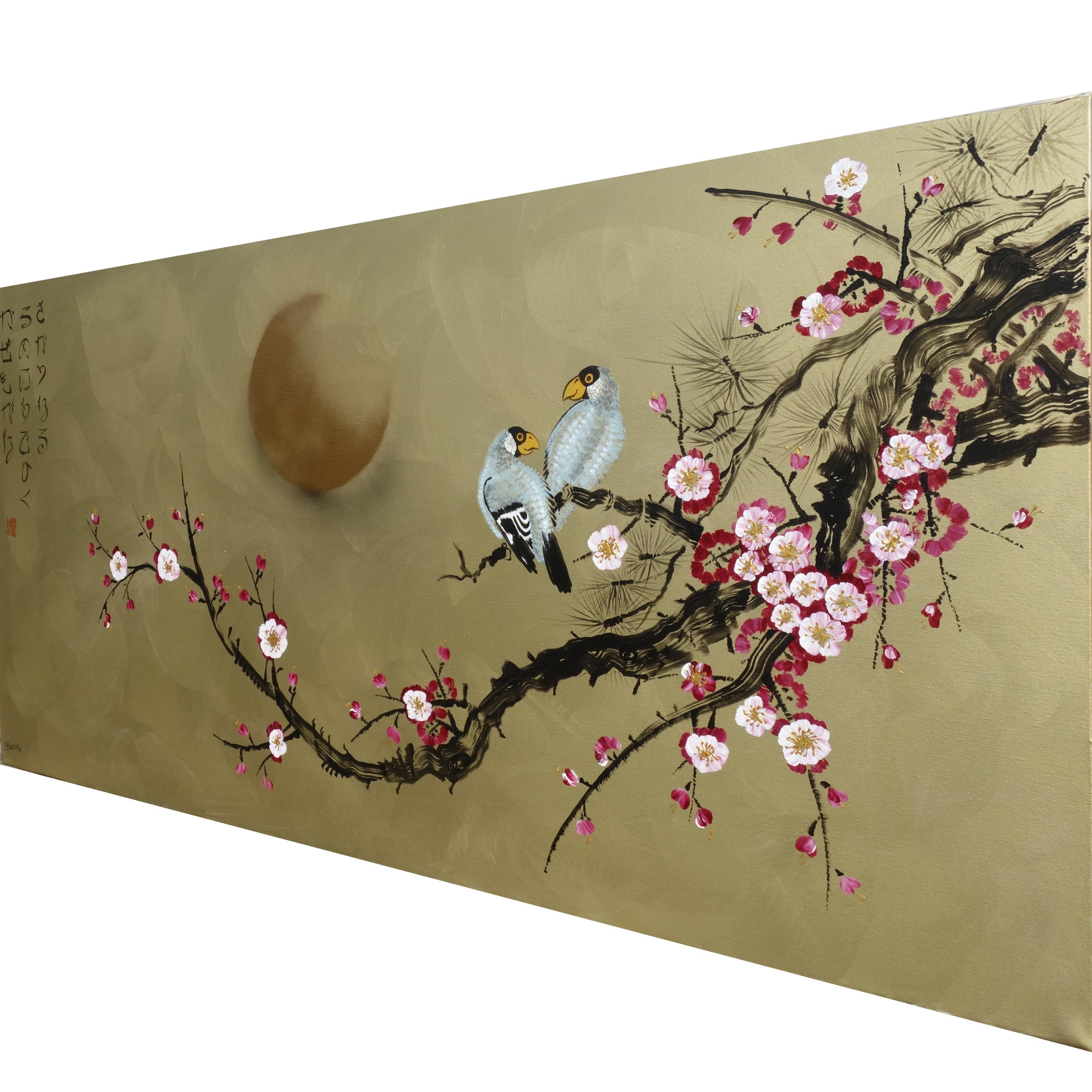Japanese birds J391 - gold extra large original acrylic painting on canvas by Ksavera