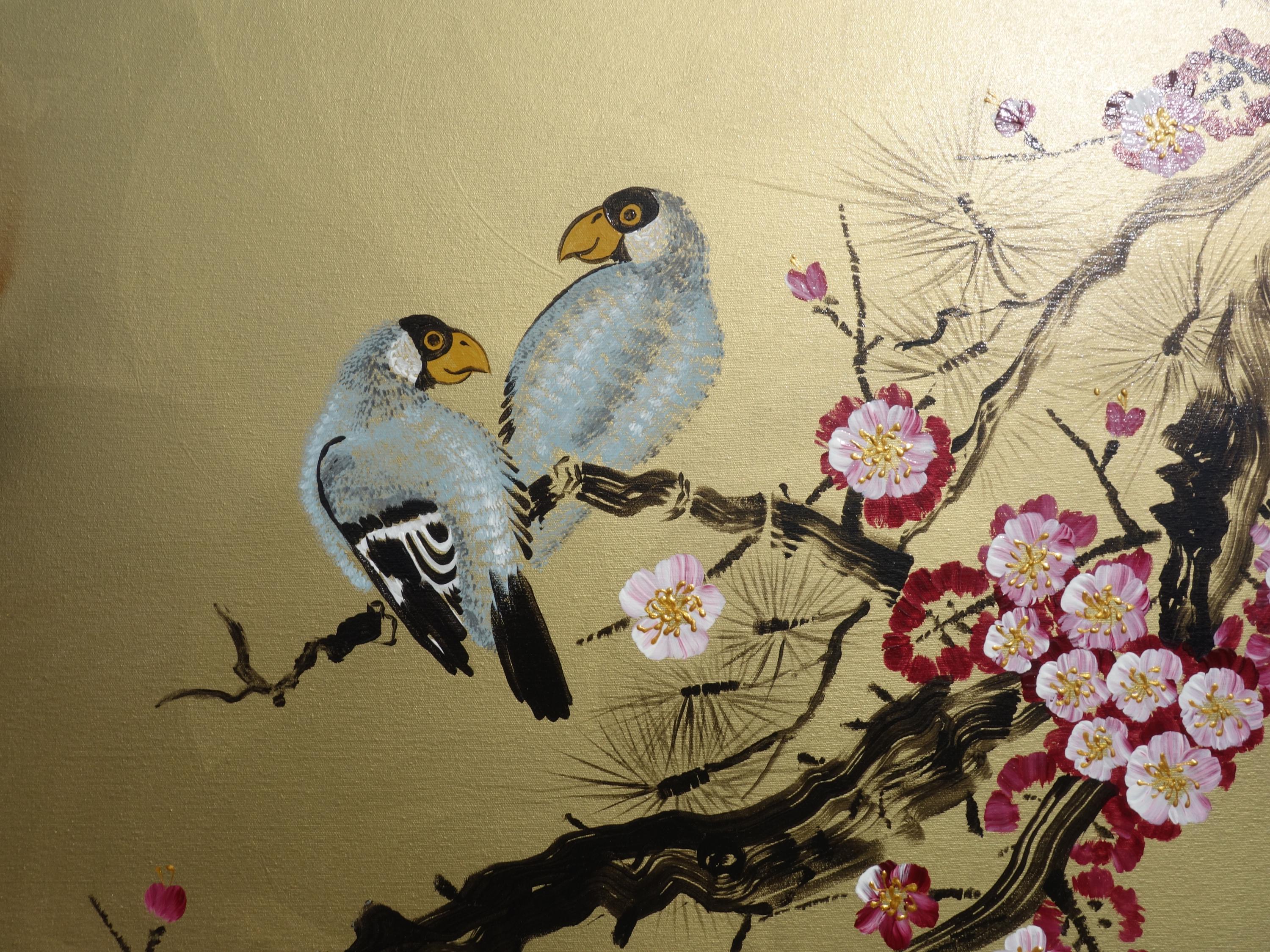 Japanese birds J391 - gold extra large original acrylic painting on canvas by Ksavera