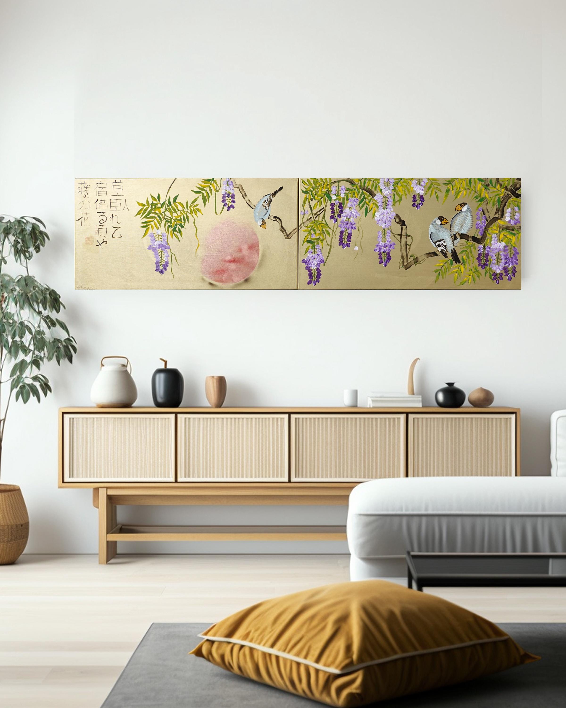 Wisteria and love birds J353 - Japanese gold diptych - original painting by Ksavera