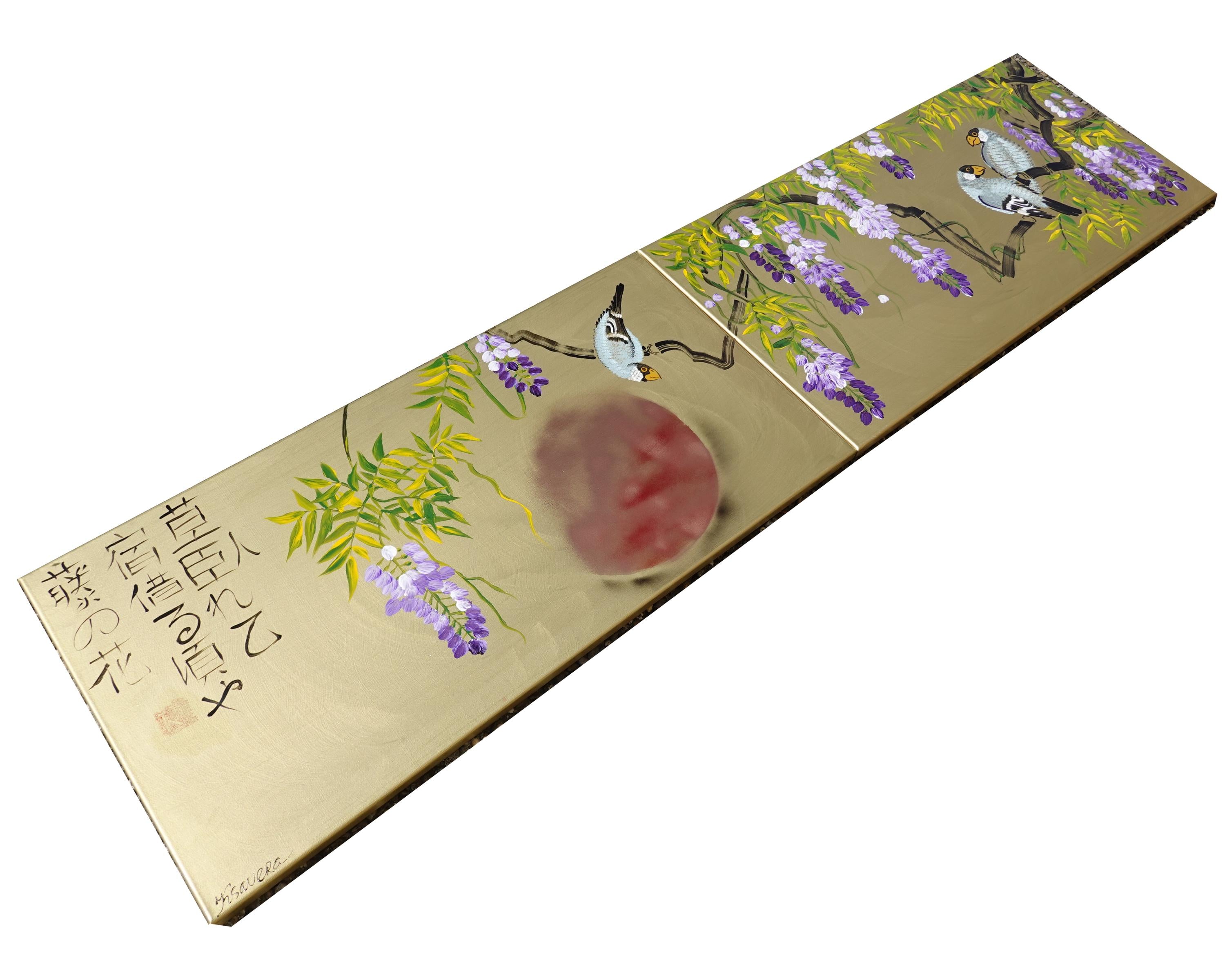 Wisteria and love birds J353 - Japanese gold diptych - original painting by Ksavera