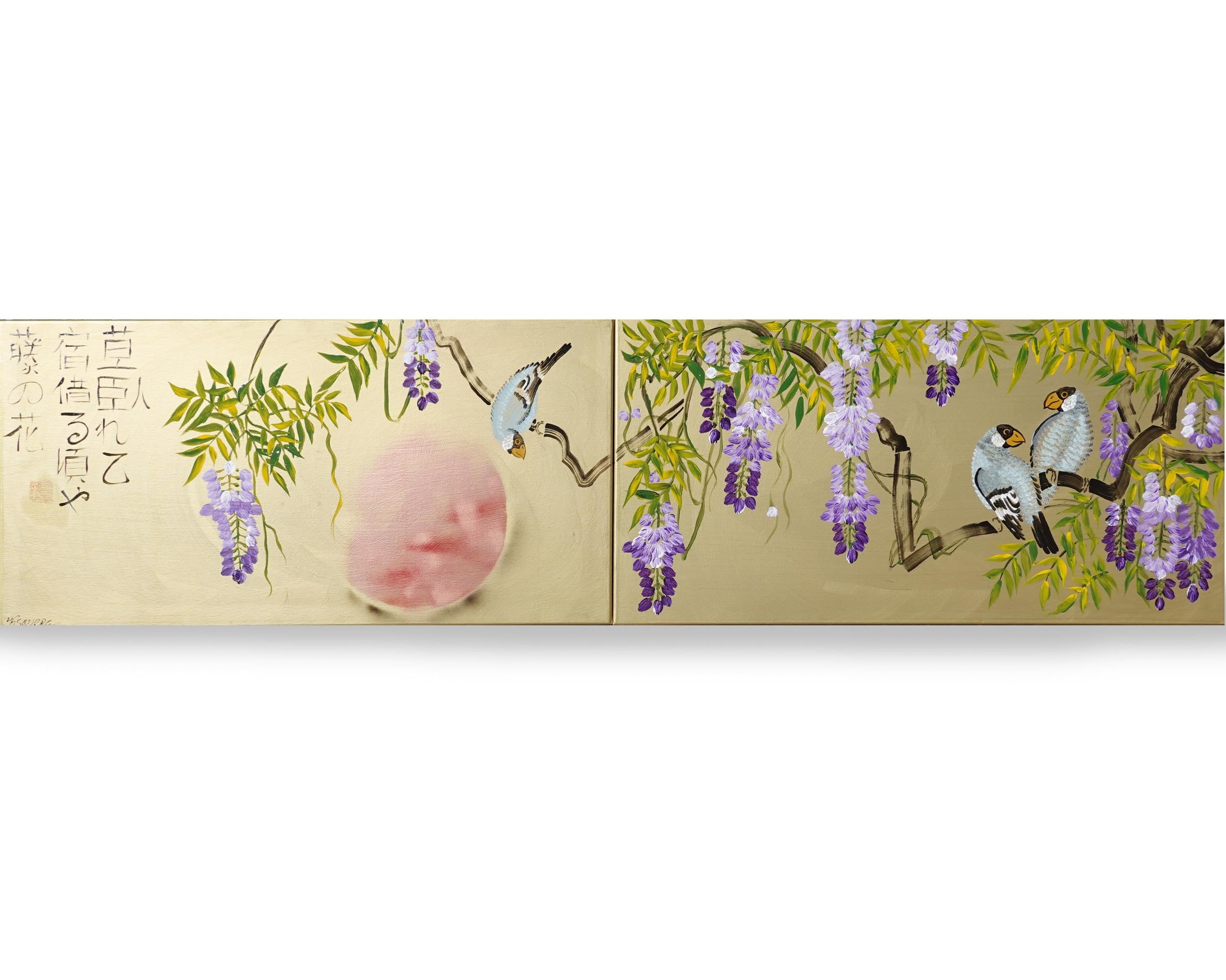 Wisteria and love birds J353 - Japanese gold diptych - original painting by Ksavera