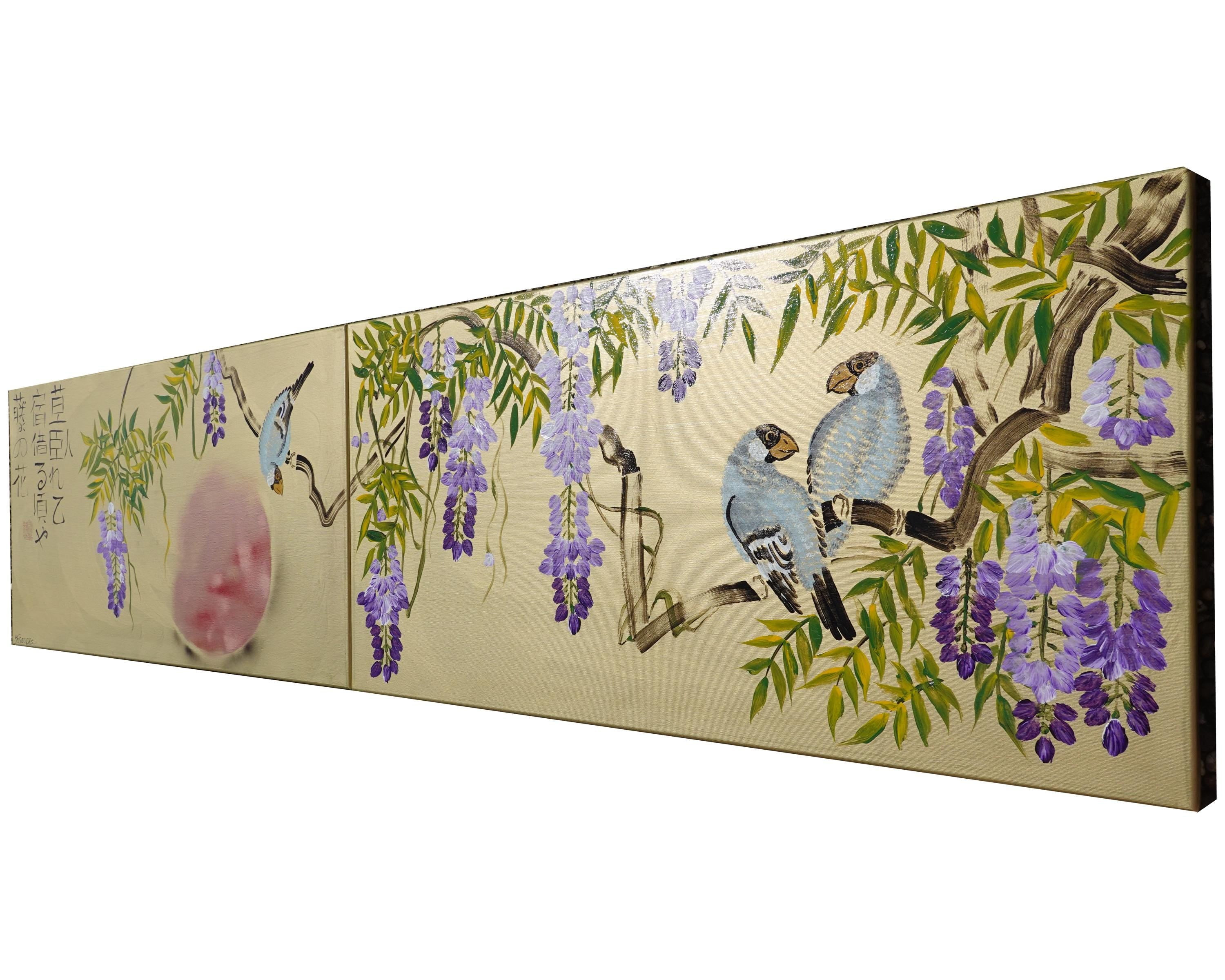 Wisteria and love birds J353 - Japanese gold diptych - original painting by Ksavera