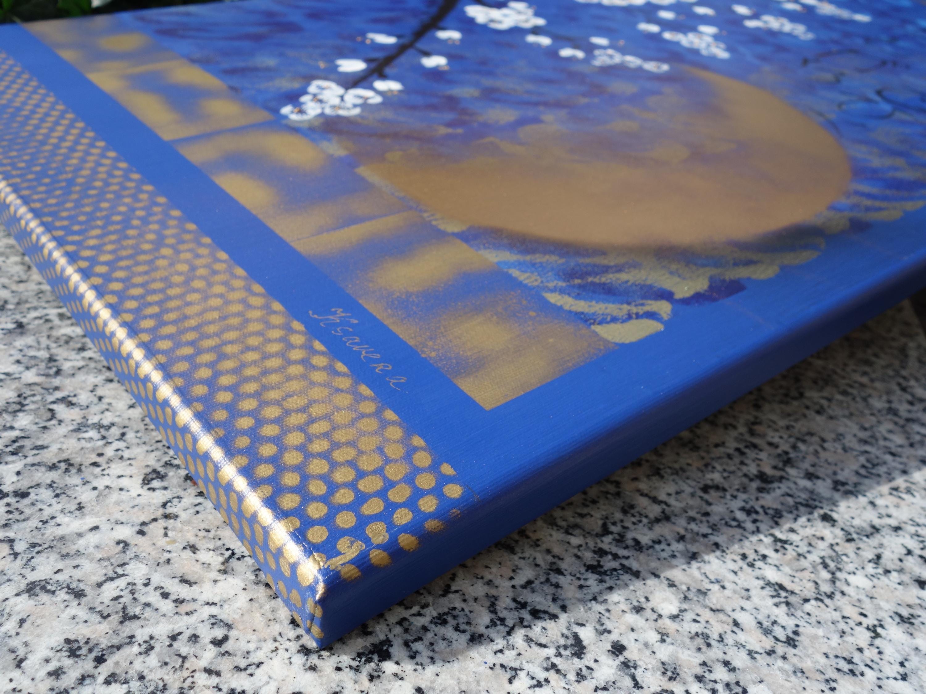 Sakura J390 - Japanese blue Triptych - Original Acrylic Painting by Ksavera