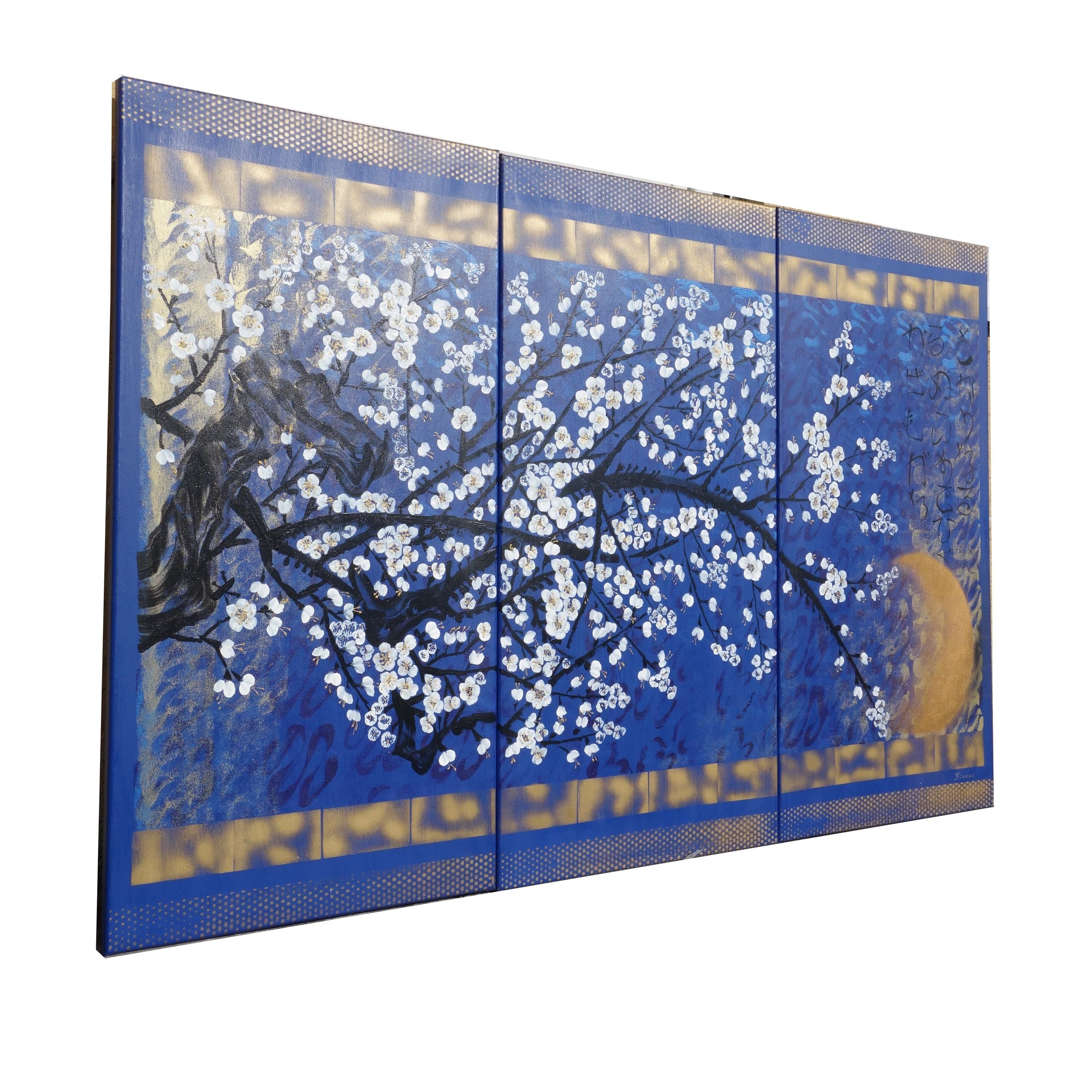 Sakura J390 - Japanese blue Triptych - Original Acrylic Painting by Ksavera